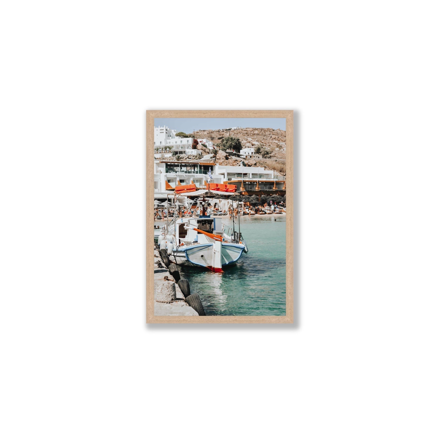 Travel In Style Mykonos Greek island wall art Medium full-bleed fine art print in natural oak frame