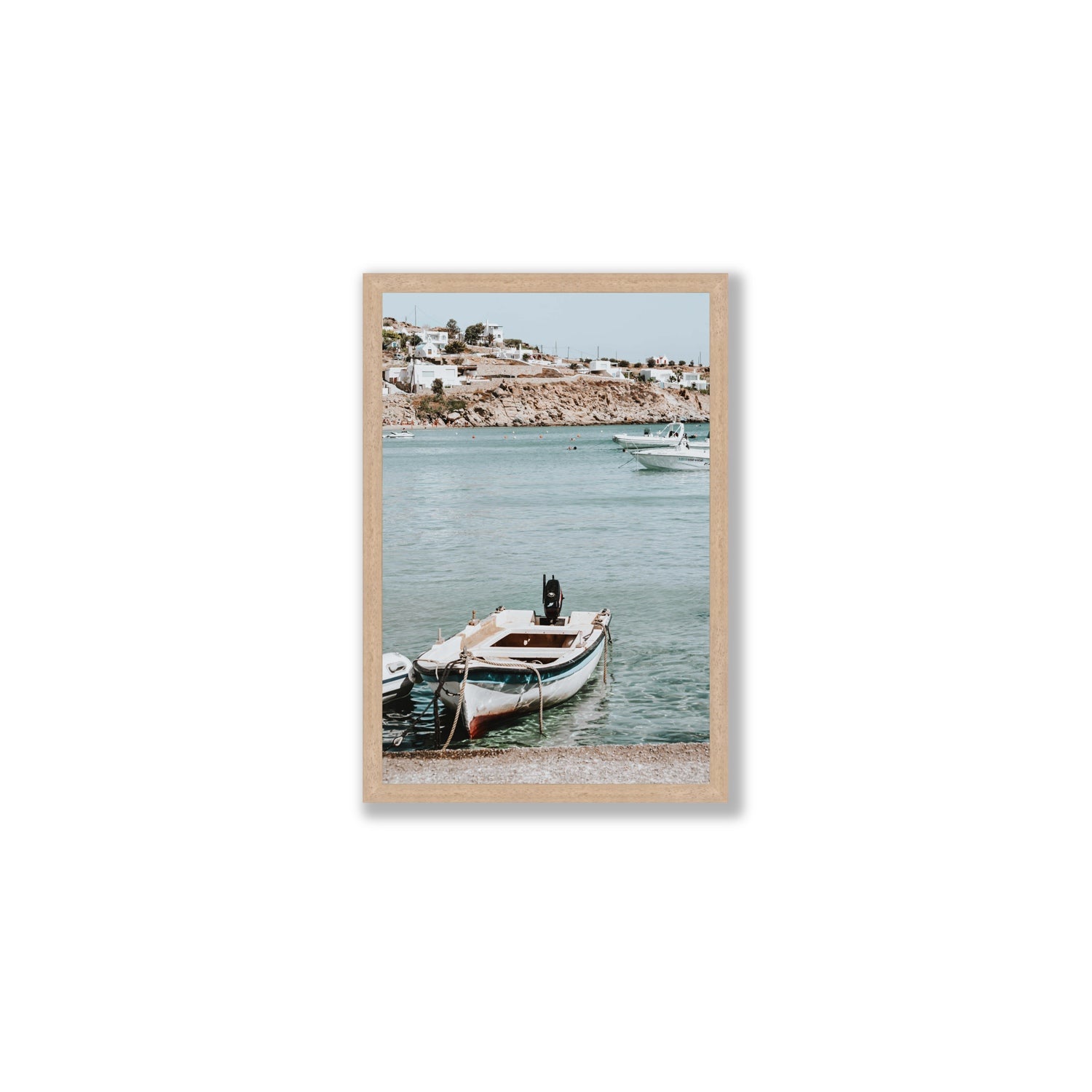 Classic Wheels Mykonos Greek island wall art Medium full-bleed fine art print in natural oak frame