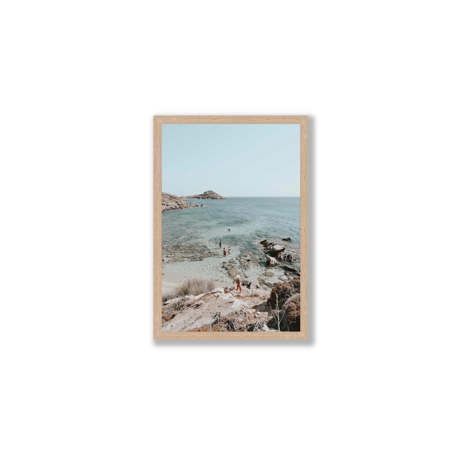 Explorers Mykonos Greek island wall art Medium full-bleed fine art print in natural oak frame