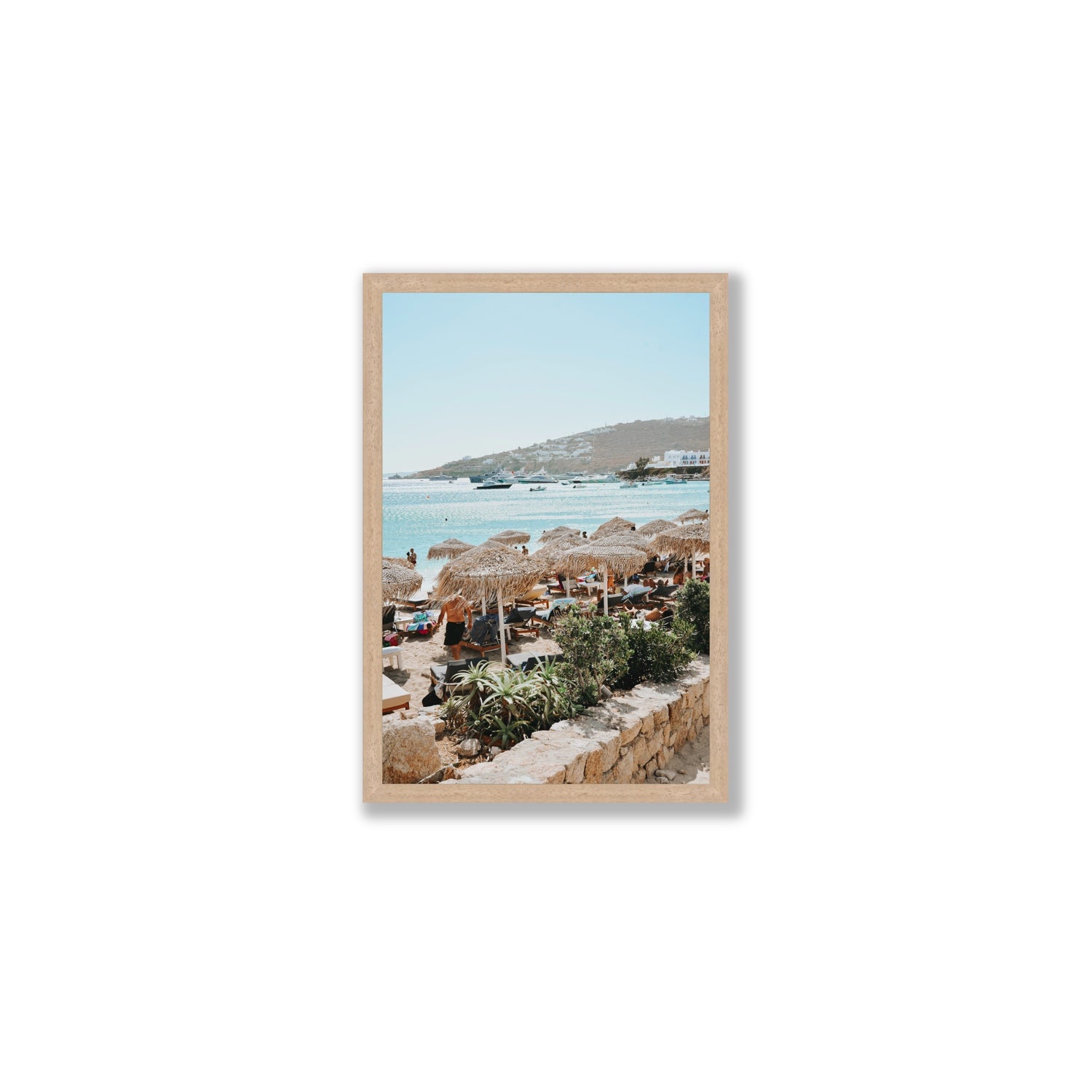 Beachside Huts Mykonos Greek island wall art Medium full-bleed fine art print in natural oak frame