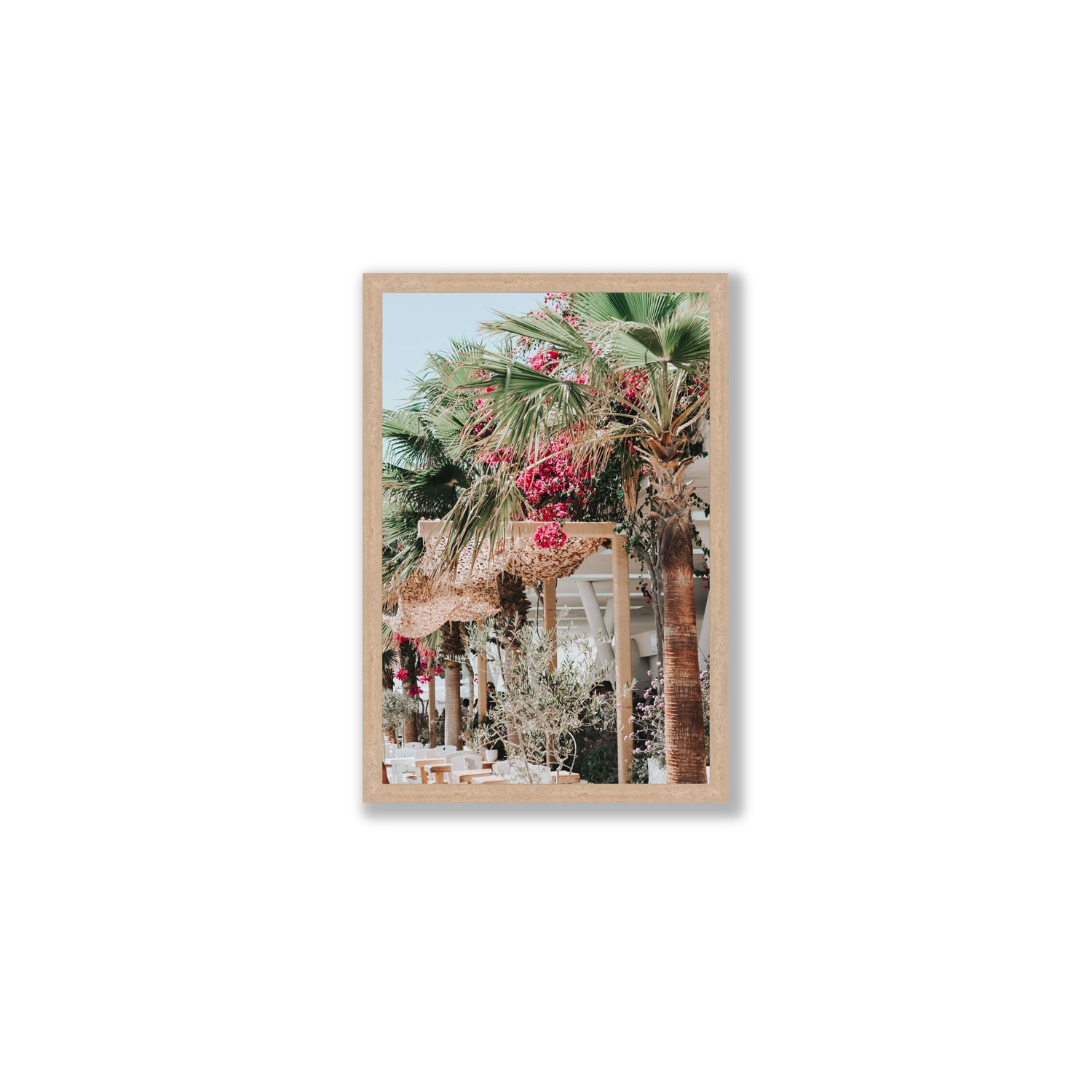 Palm Trees Mykonos Greek island wall art Medium full-bleed fine art print in natural oak frame