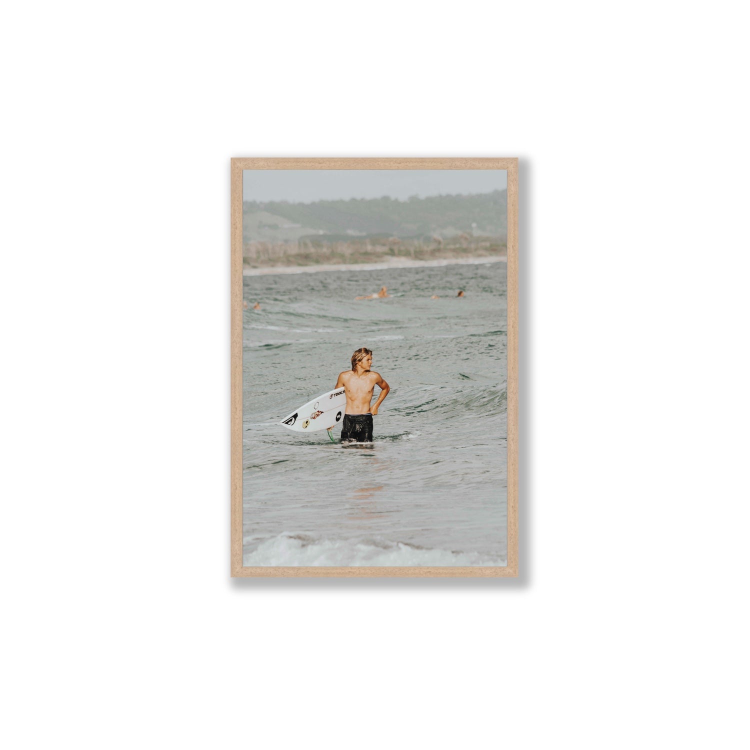 Chasing Mavericks Byron Bay Surf coastal wall art Large full-bleed fine art print in natural oak frame