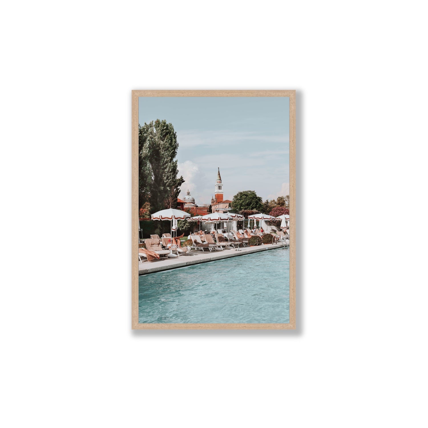 Poolside Perch Venice Italian wall art Large full-bleed fine art print in natural oak frame