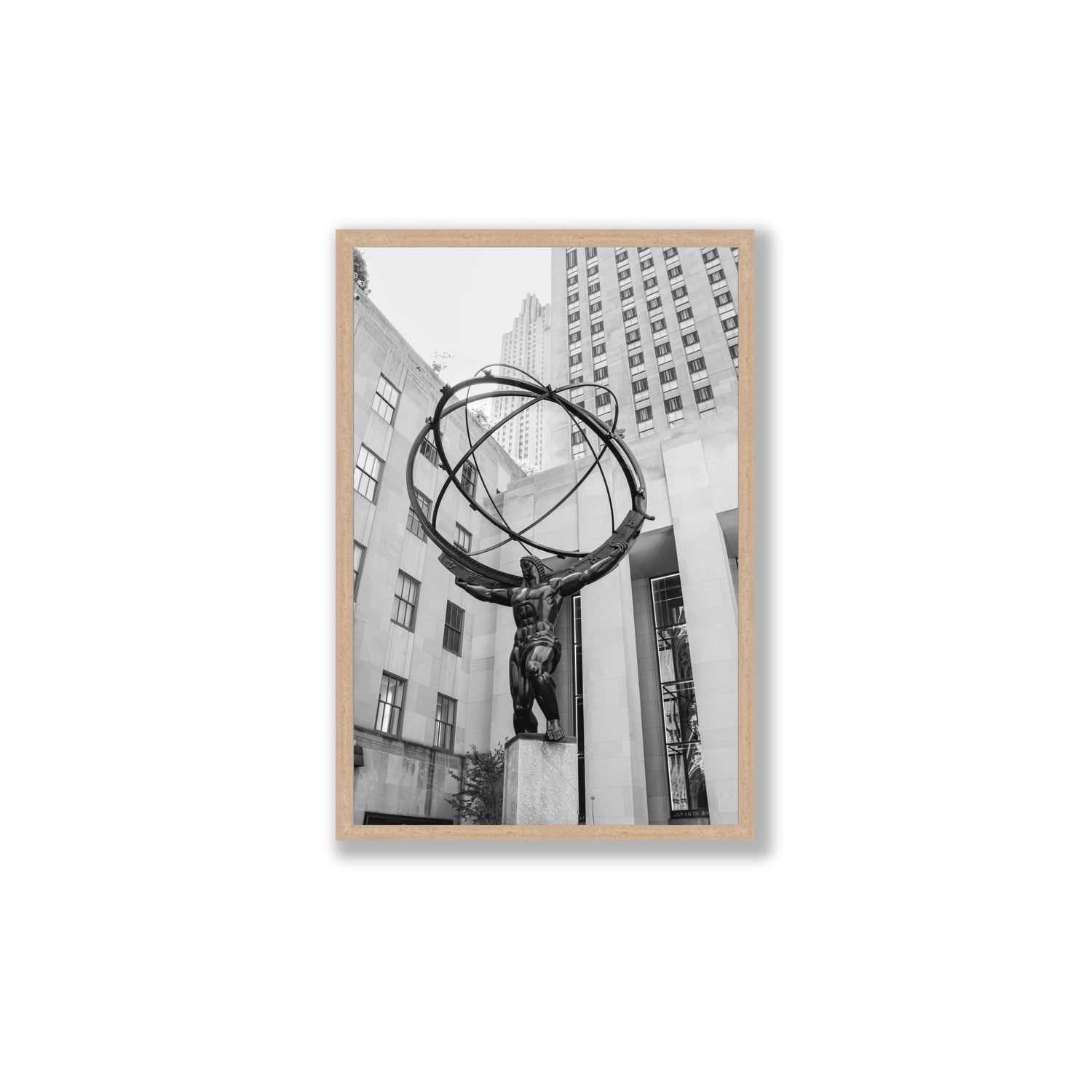 Atlas Ascends New York NYC Black & White wall art Large full-bleed fine art print in natural oak frame