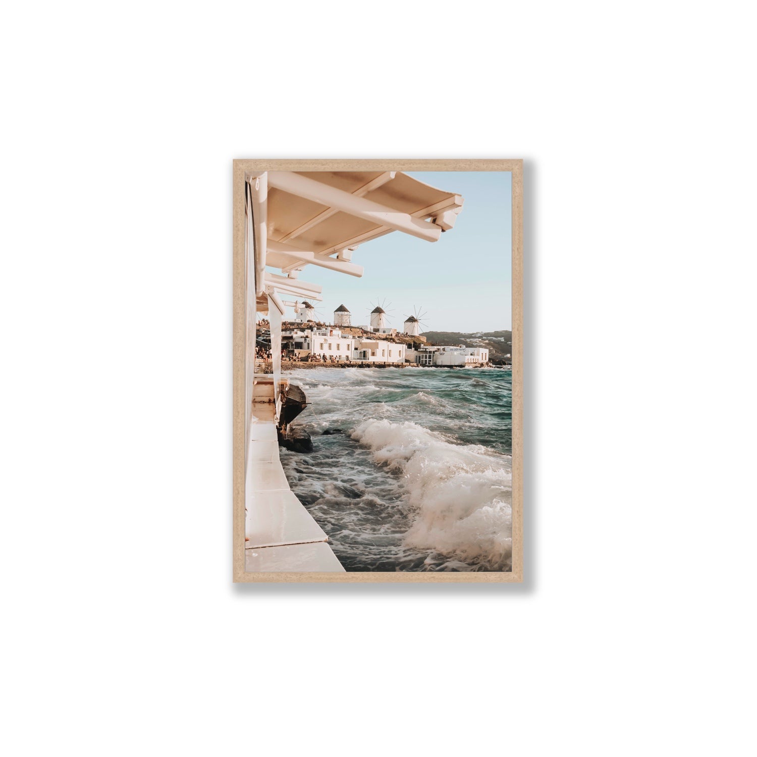 Windmills Mykonos Greek island wall art Large full-bleed fine art print in natural oak frame