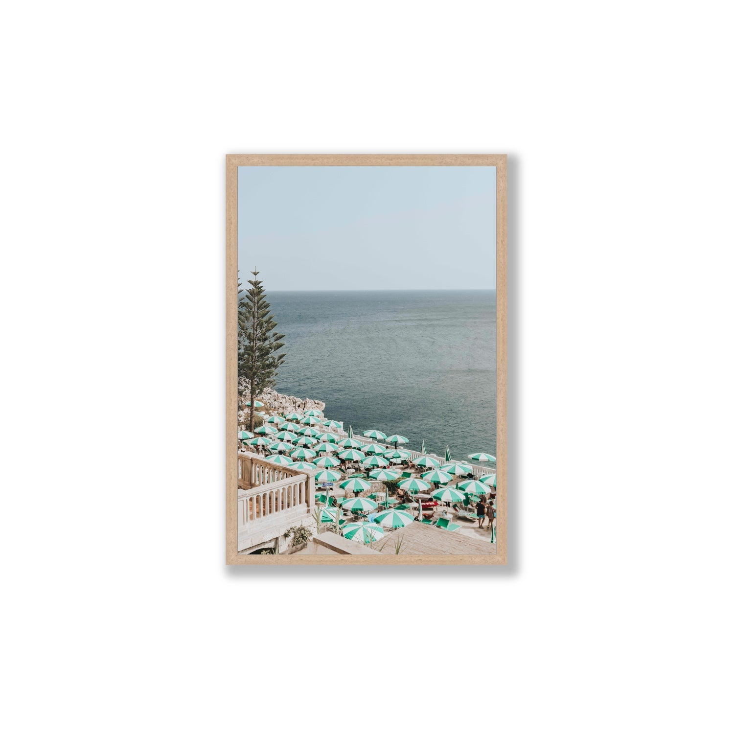 Sun-drenched Stripes Puglia beach coastal wall art Large full-bleed fine art print in natural oak frame