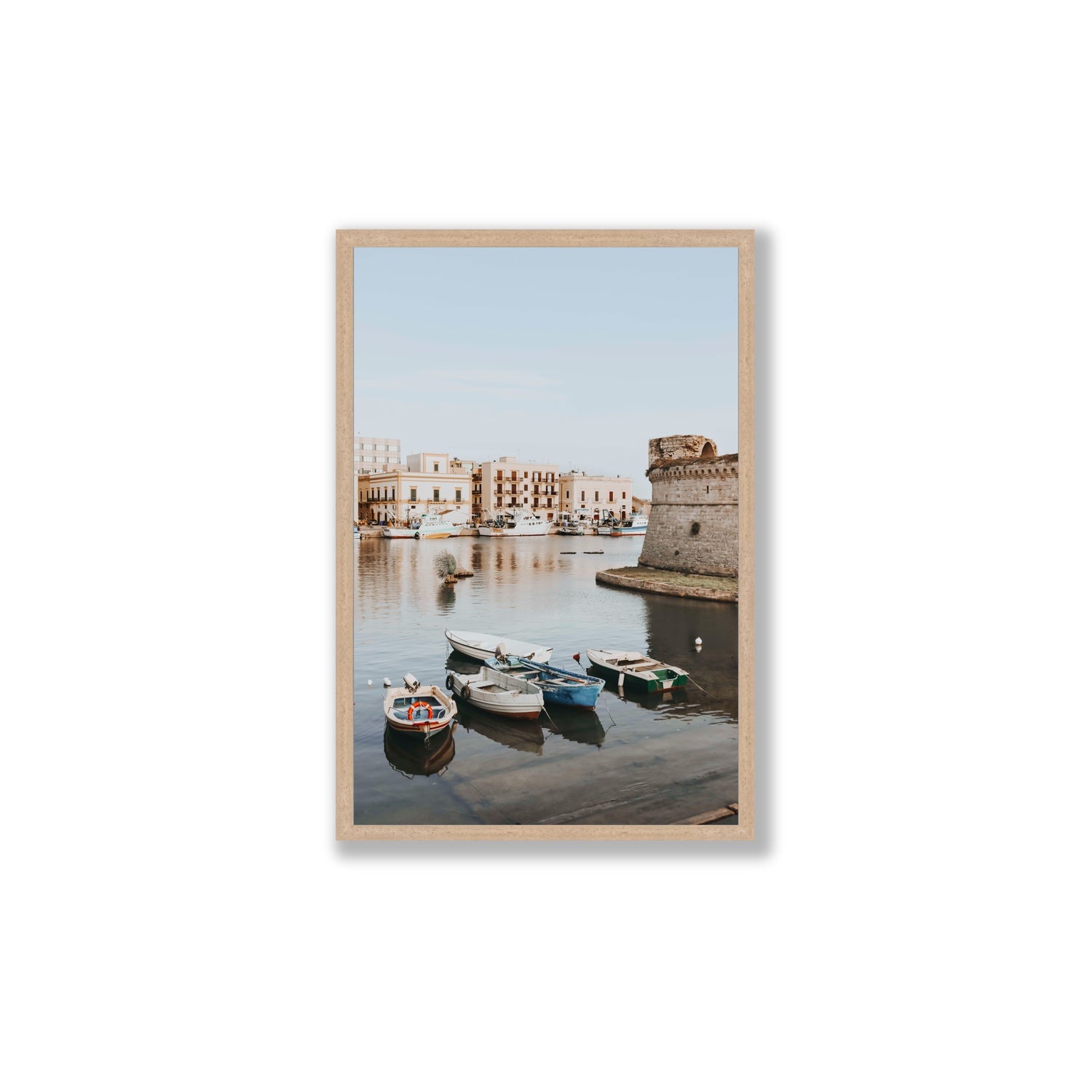 Gallipoli Harbour Puglia coastal wall art Large full-bleed fine art print in natural oak frame