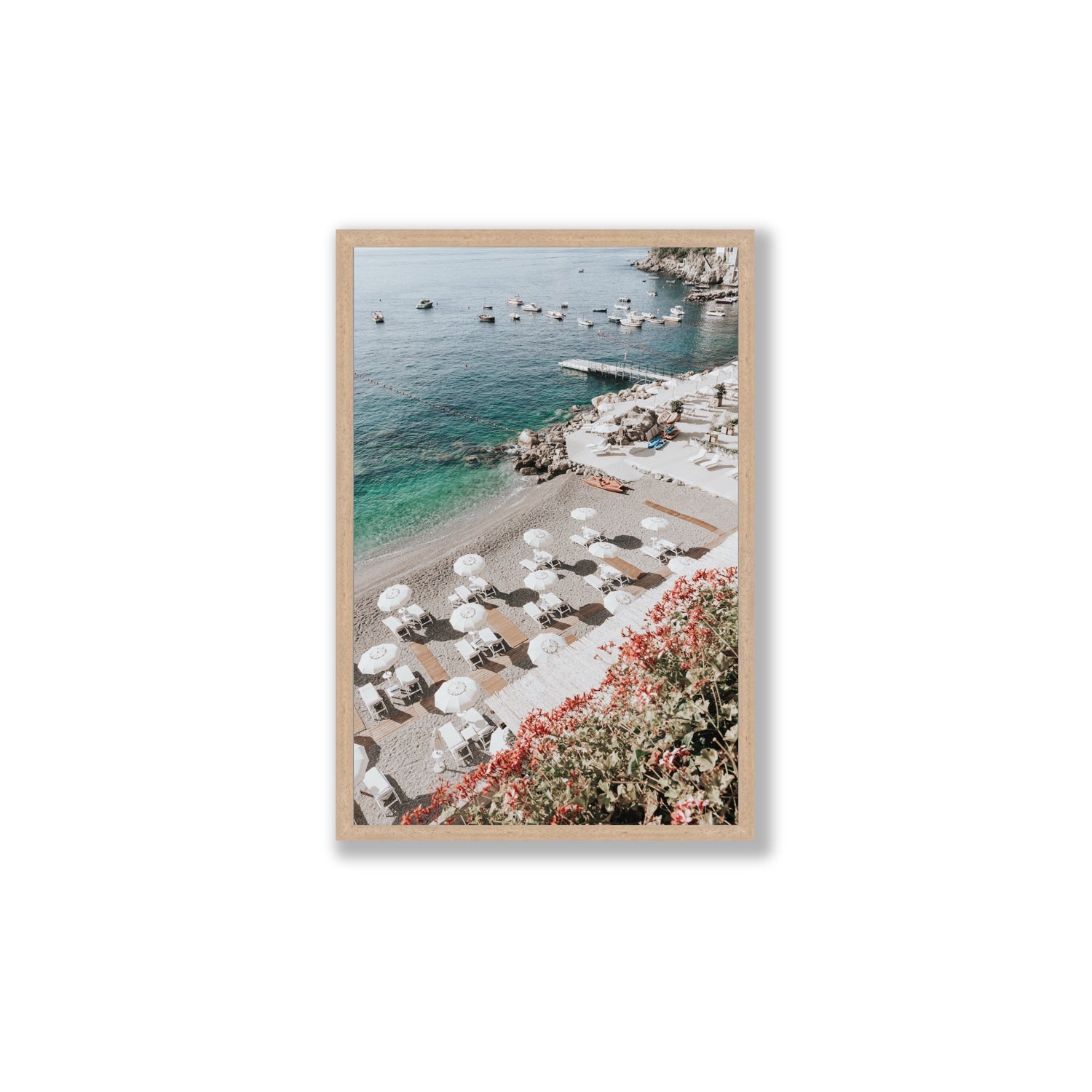Tranquil Oasis Amalfi coastal wall art Large full-bleed fine art print in natural oak frame