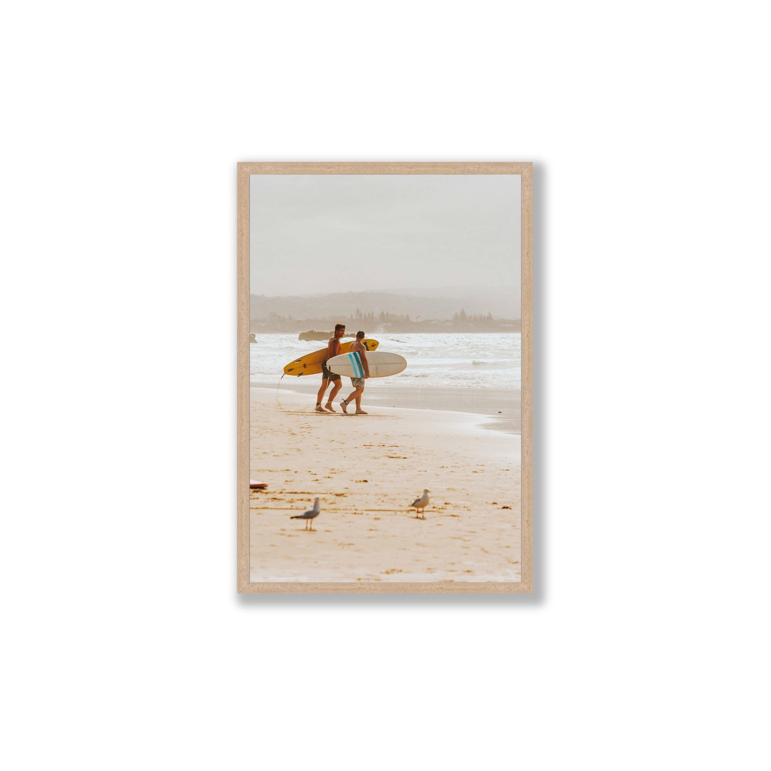 Shane & Benji Byron Bay Surf coastal wall art Large full-bleed fine art print in natural oak frame