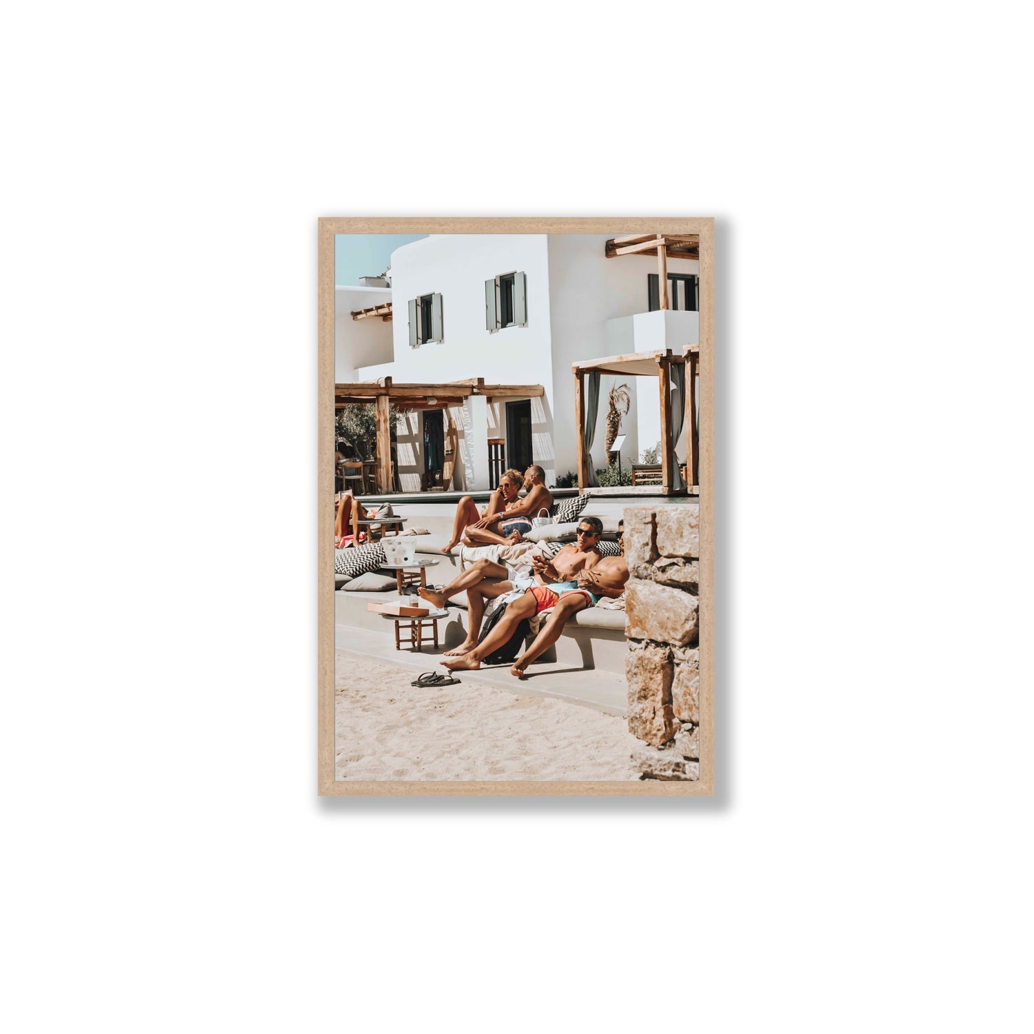 Style That Sizzles Mykonos Greek island wall art Large full-bleed fine art print in natural oak frame