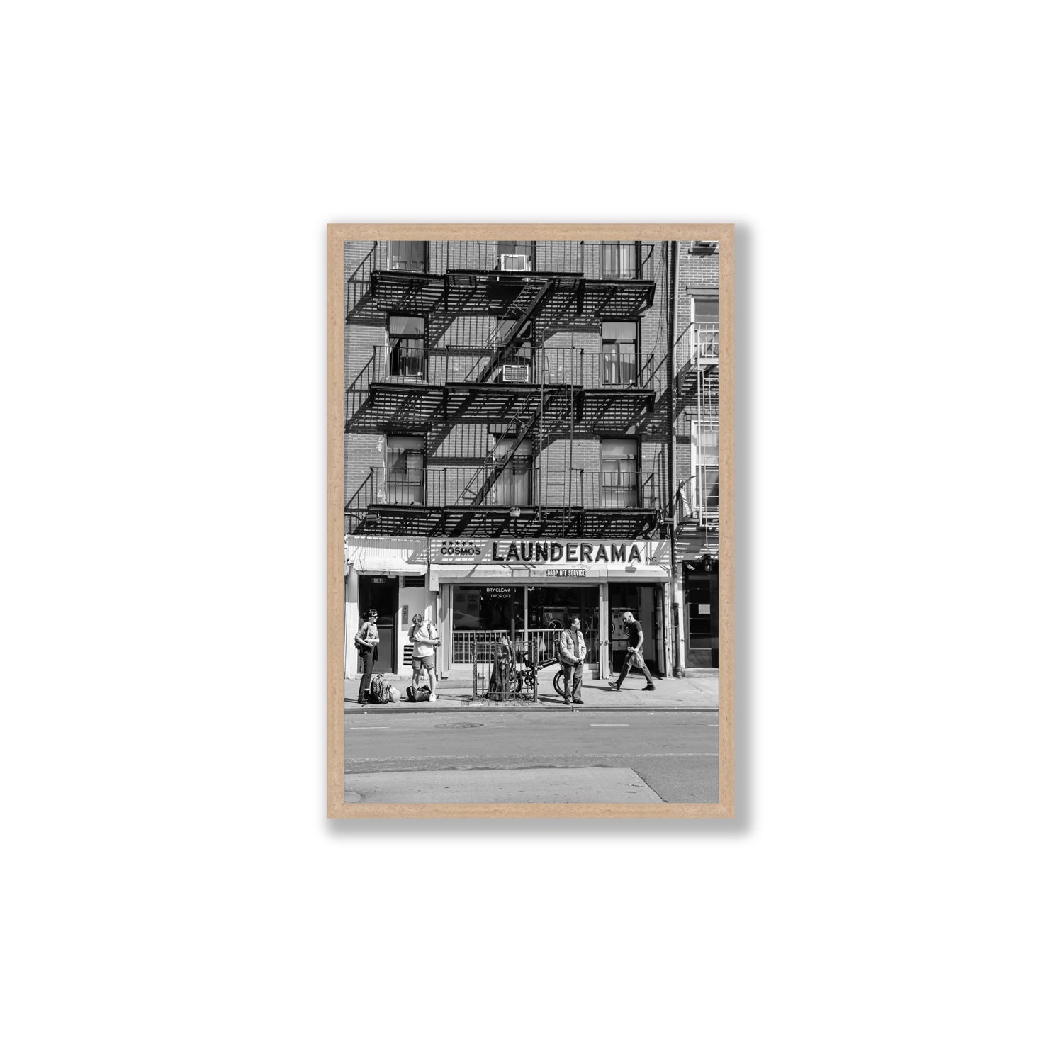 Bus Stop New York NYC Black & White wall art Large full-bleed fine art print in natural oak frame