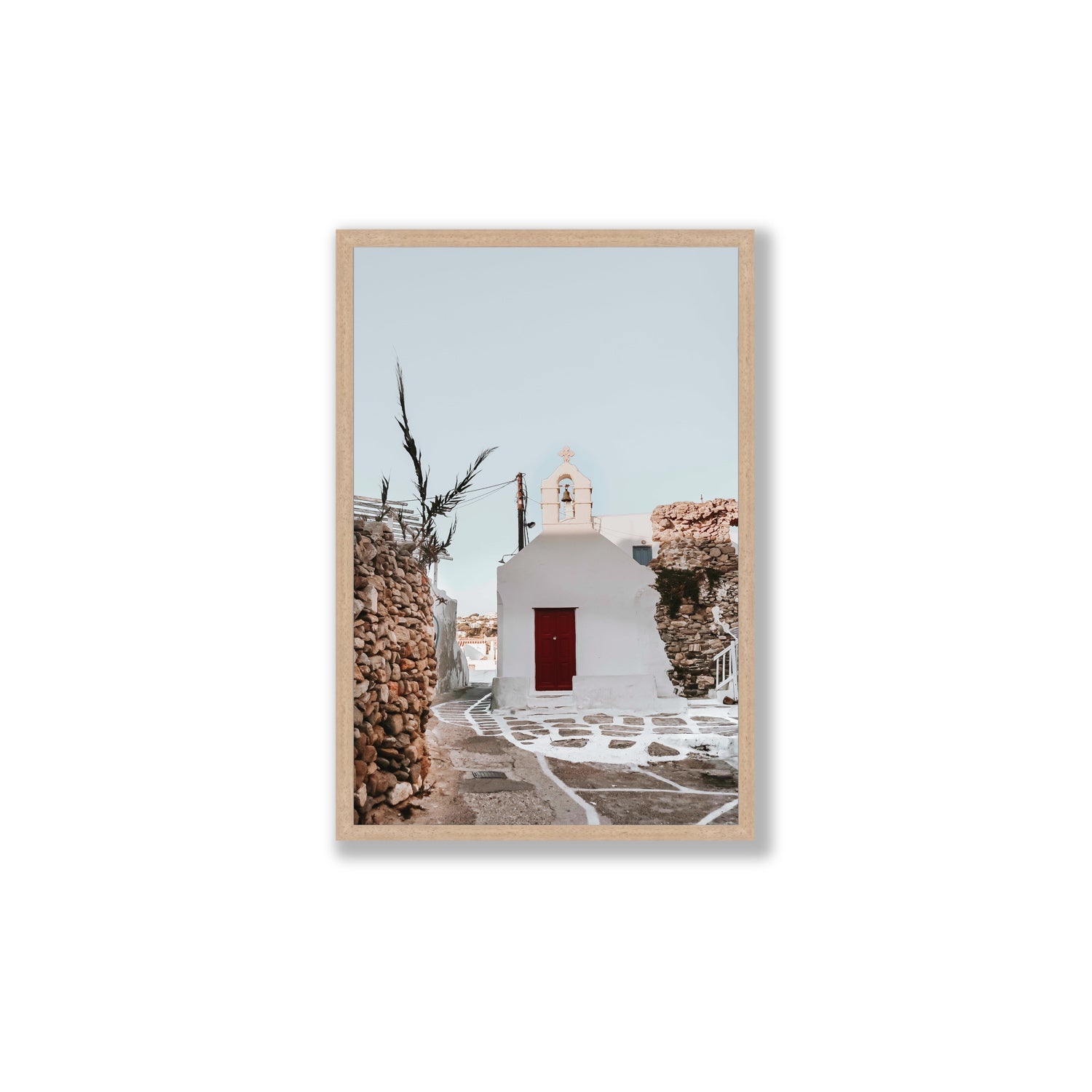 Little Chapel Mykonos Greek island wall art Large full-bleed fine art print in natural oak frame