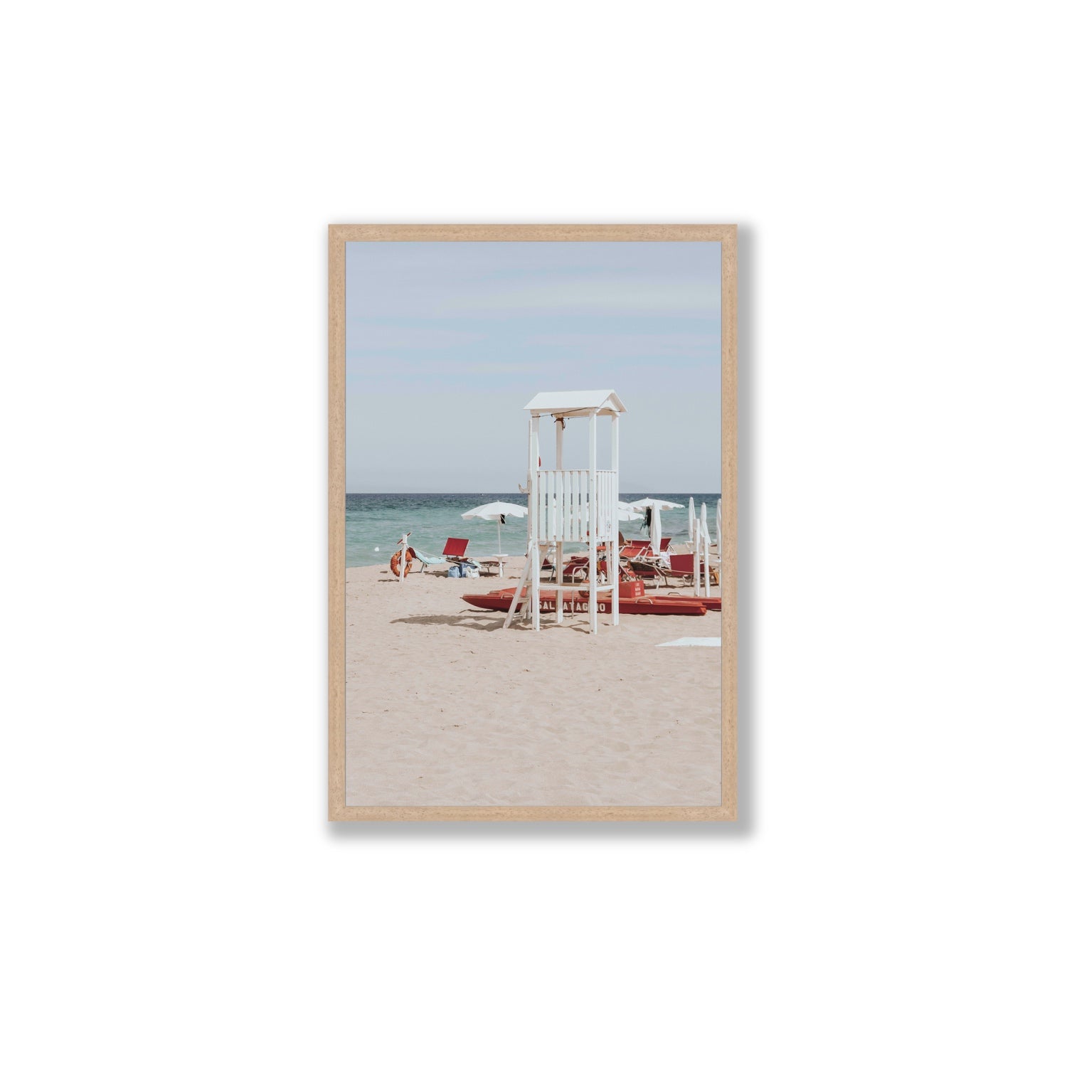 Barefoot Bliss Puglia beach Italian coastal decor wall art Large full-bleed fine art print in natural oak frame