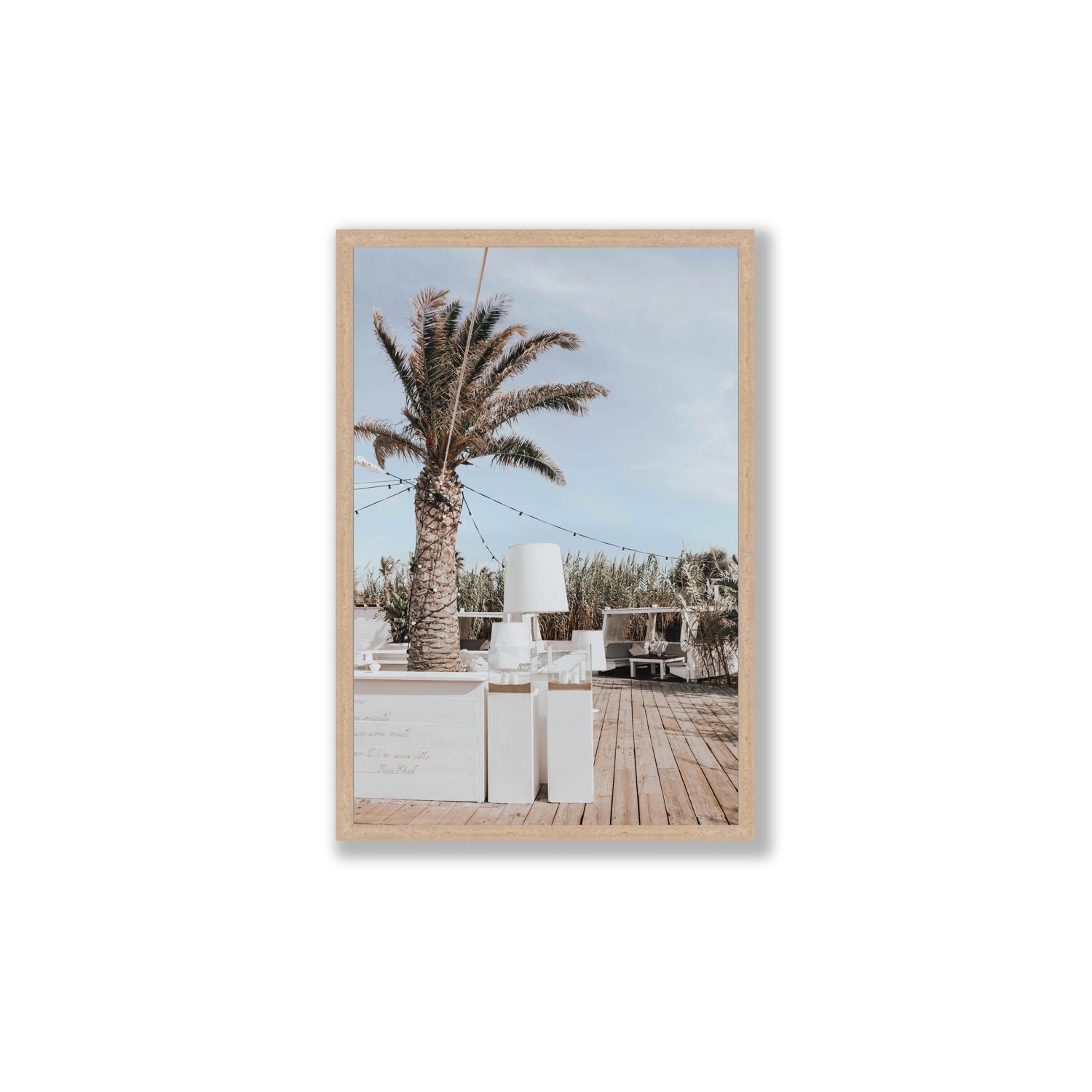Seabreeze Palm Puglia coastal beach wall art Large full-bleed fine art print in natural oak frame
