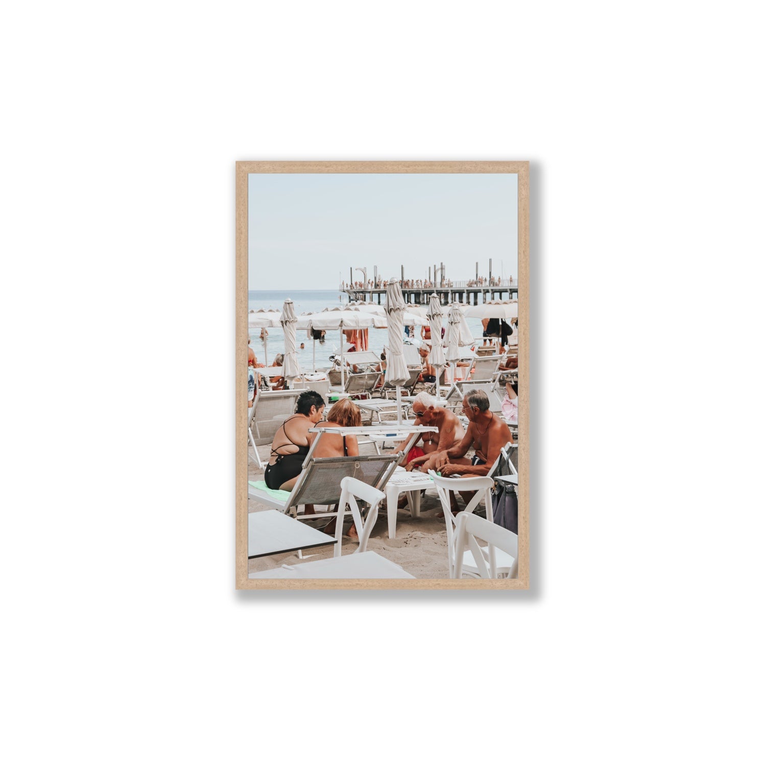 Salted Shuffle fine art print, Alassio, Italy, people and locals artwork, Large, Natural Oak Frame · Full Bleed, Fine Art Print