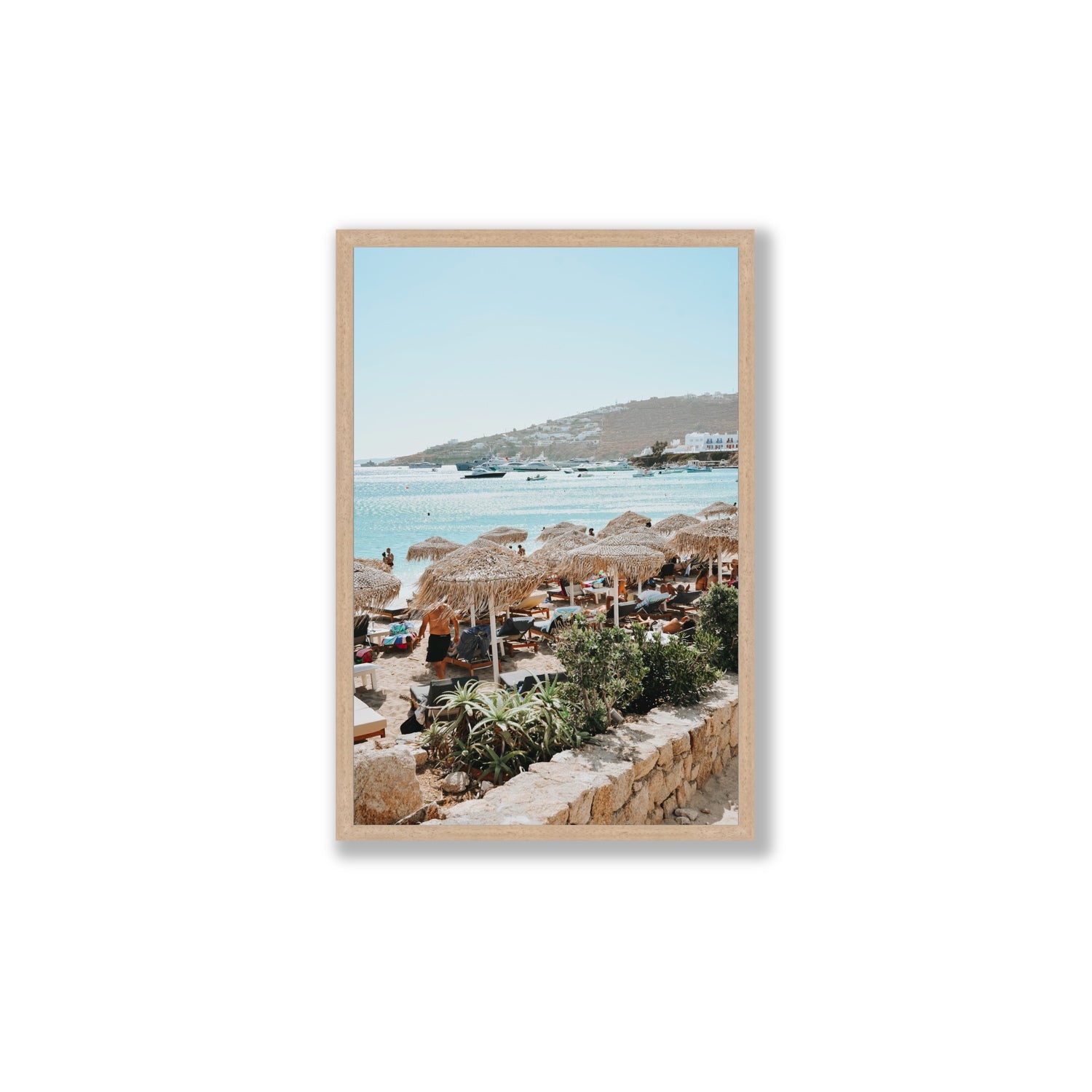 Beachside Huts Mykonos Greek island wall art Large full-bleed fine art print in natural oak frame