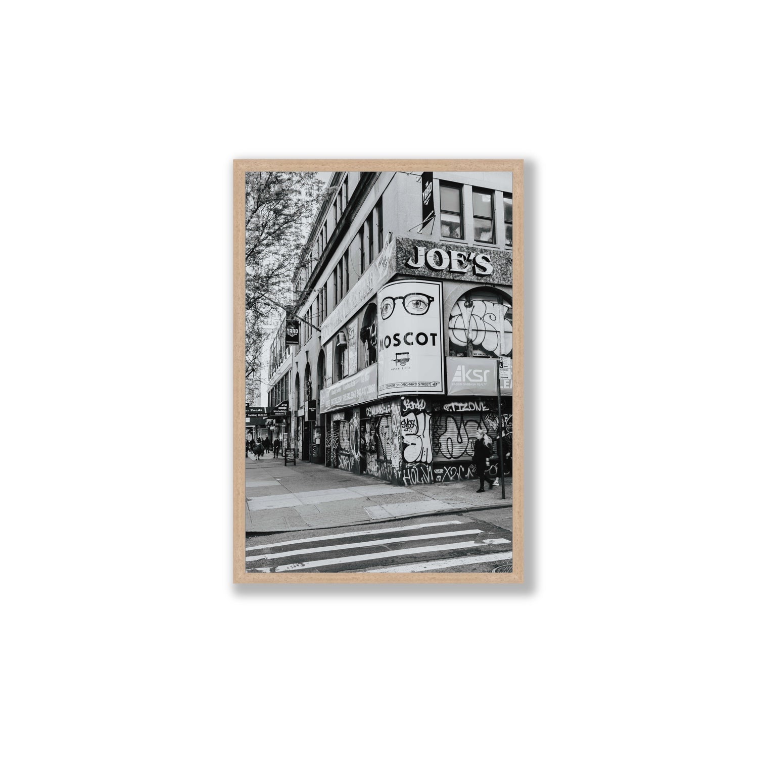 Lower East Side Murals New York NYC Black & White wall art Large full-bleed fine art print in natural oak frame