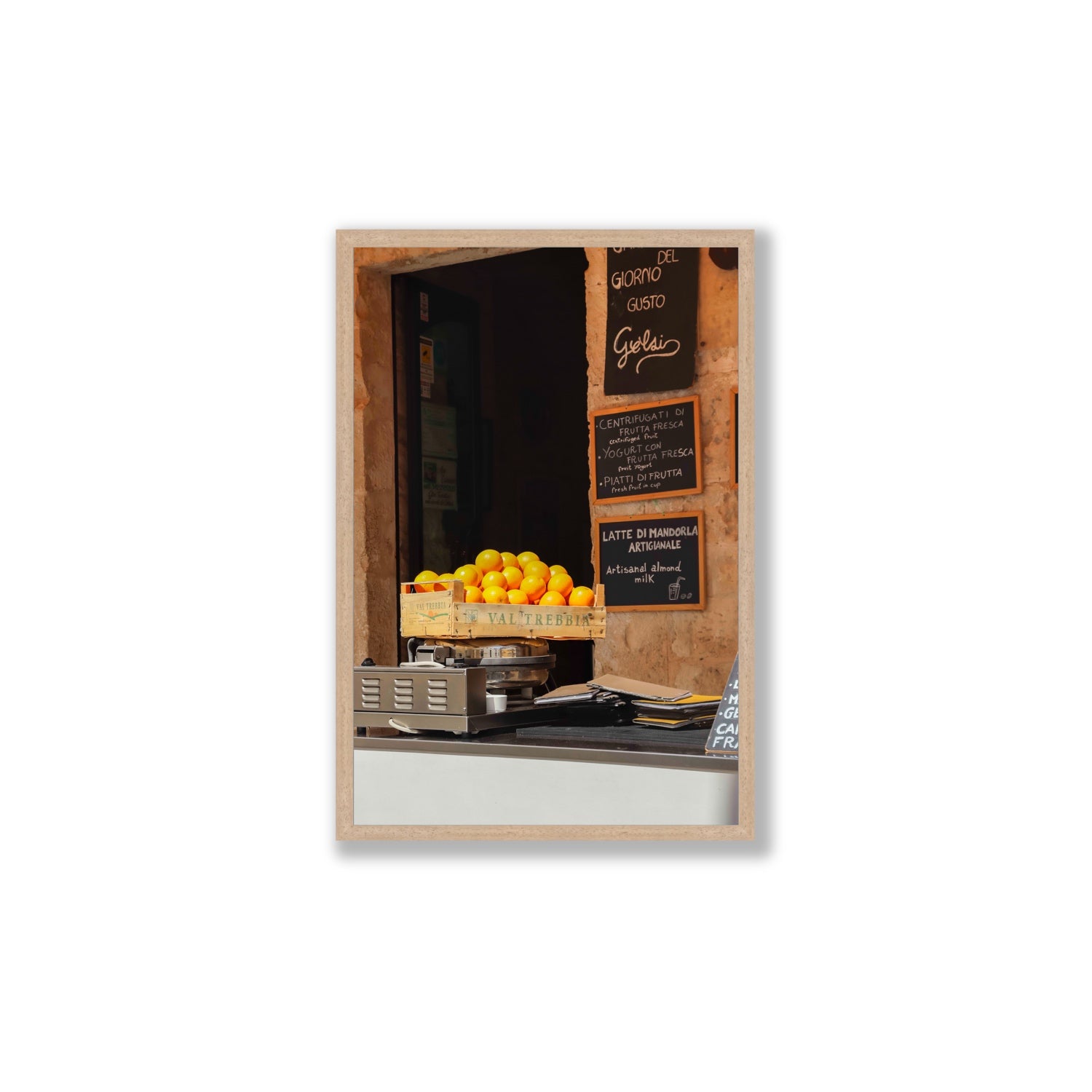 Luminous Citrus Puglia Ostuni Italian wall art Large full-bleed fine art print in natural oak frame