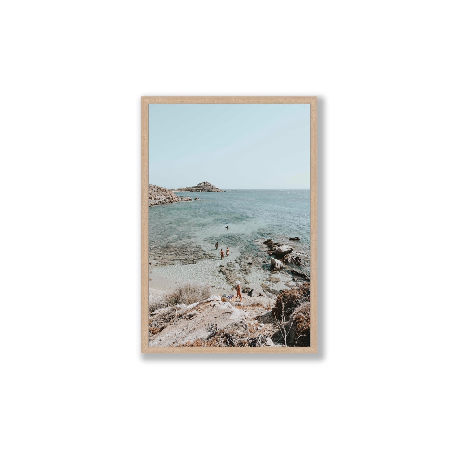 Explorers Mykonos Greek island wall art Large full-bleed fine art print in natural oak frame