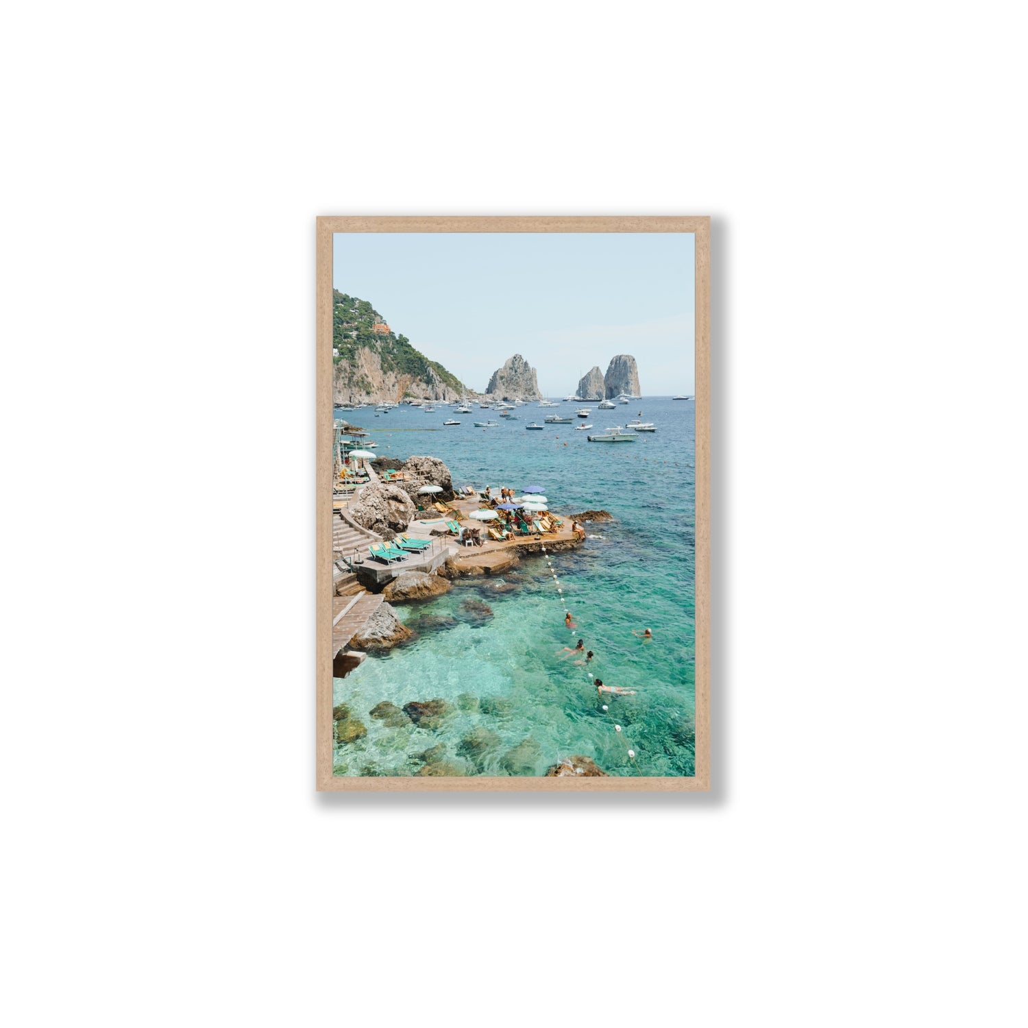 Summertime Blues Capri Mediterranean wall art Large full-bleed fine art print in natural oak frame