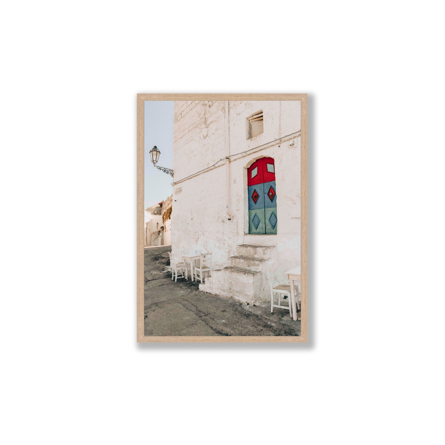 Doorway Delight Puglia Ostuni wall art Large full-bleed fine art print in natural oak frame