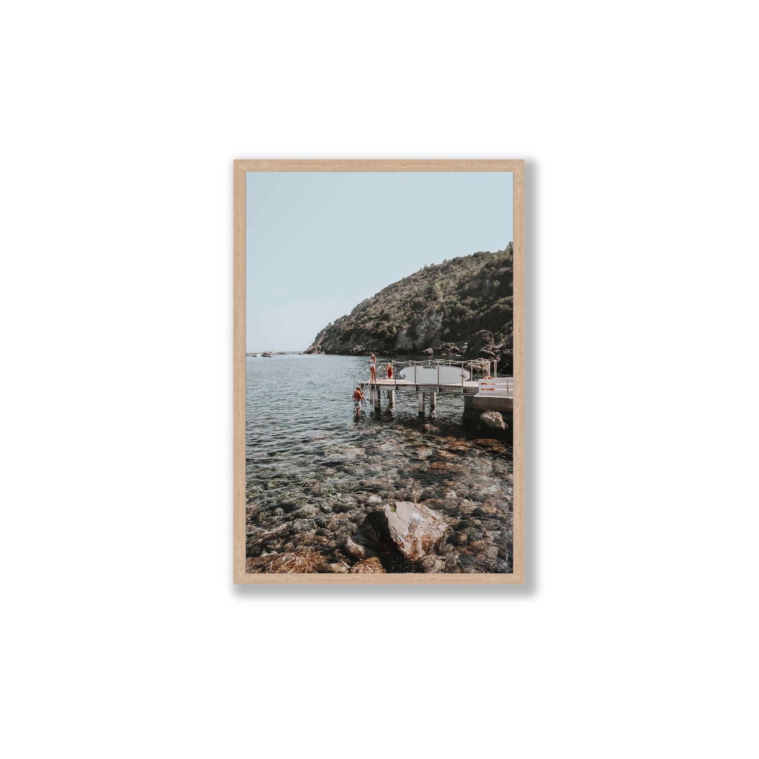 Tidal Explorers Tuscany coastal Italian wall art Large full-bleed fine art print in natural oak frame