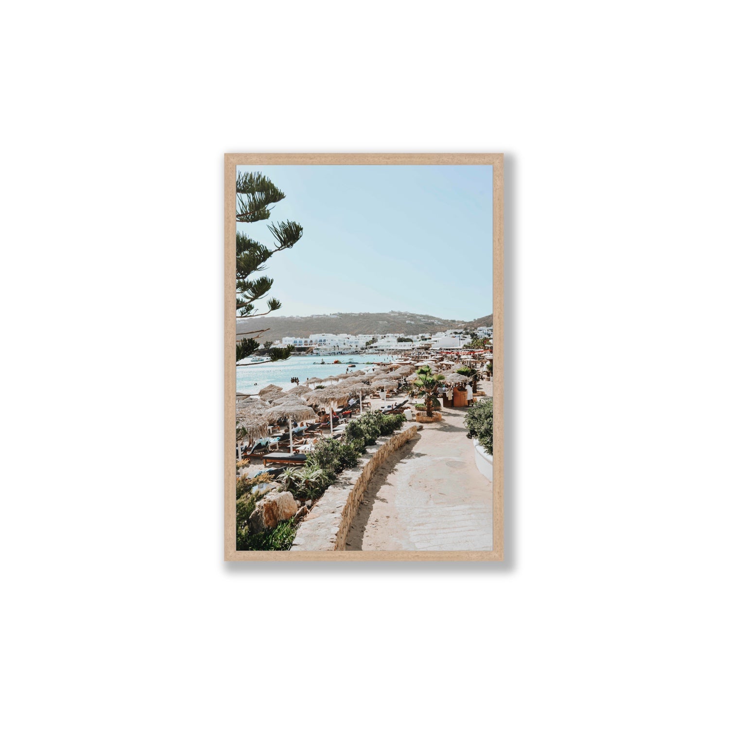 All Roads Lead To The Beach Mykonos Greek island wall art Large full-bleed fine art print in natural oak frame