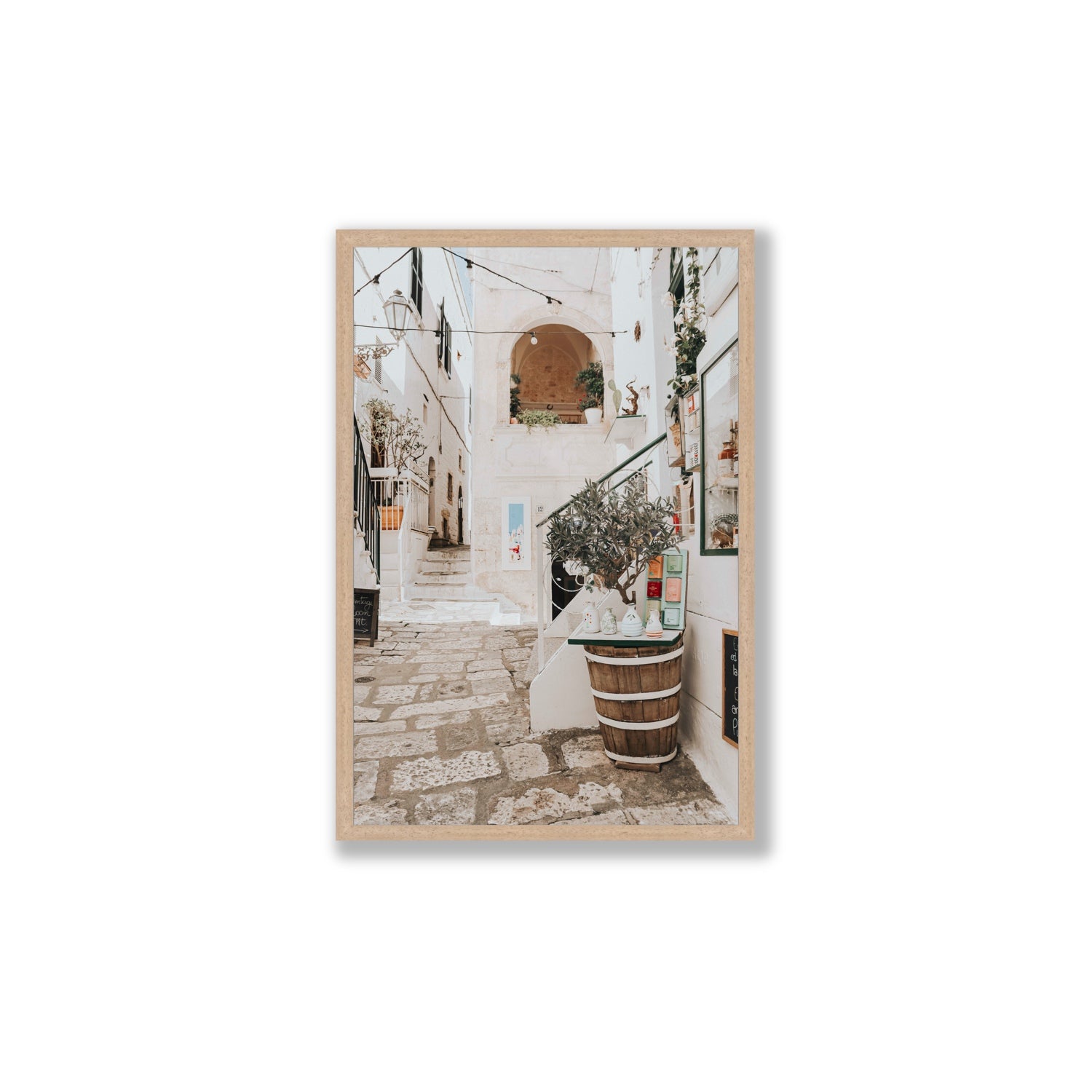 Olive Tree Lane Puglia Ostuni Mediterranean decor wall art Large full-bleed fine art print in natural oak frame