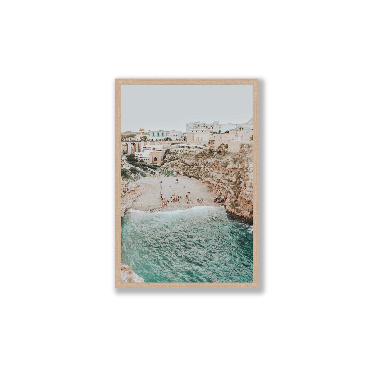 Polignano Vista Puglia coastal Italian beach fine art print Large full-bleed fine art print in natural oak frame