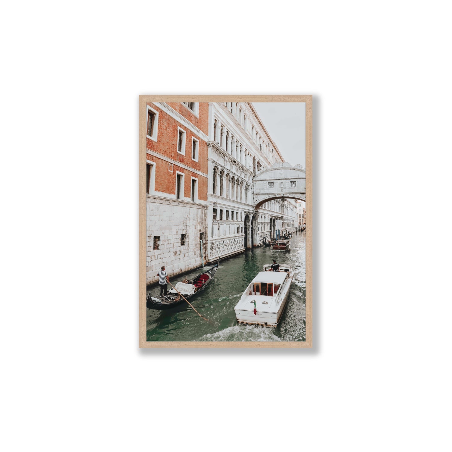 Under the Bridge Venice Gondola Italian wall art Large full-bleed fine art print in natural oak frame