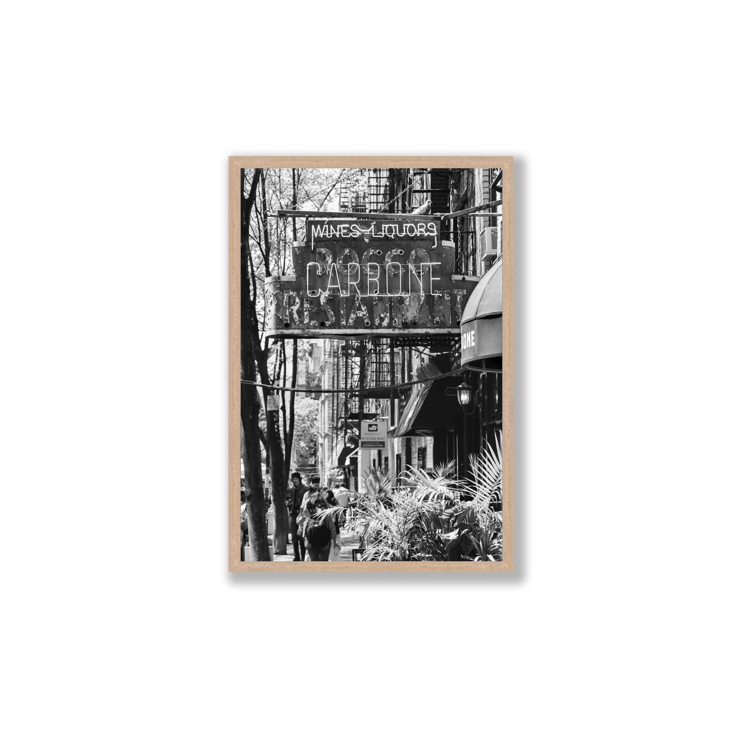 Paparazzi To Pasta New York NYC Black & White wall art Large full-bleed fine art print in natural oak frame