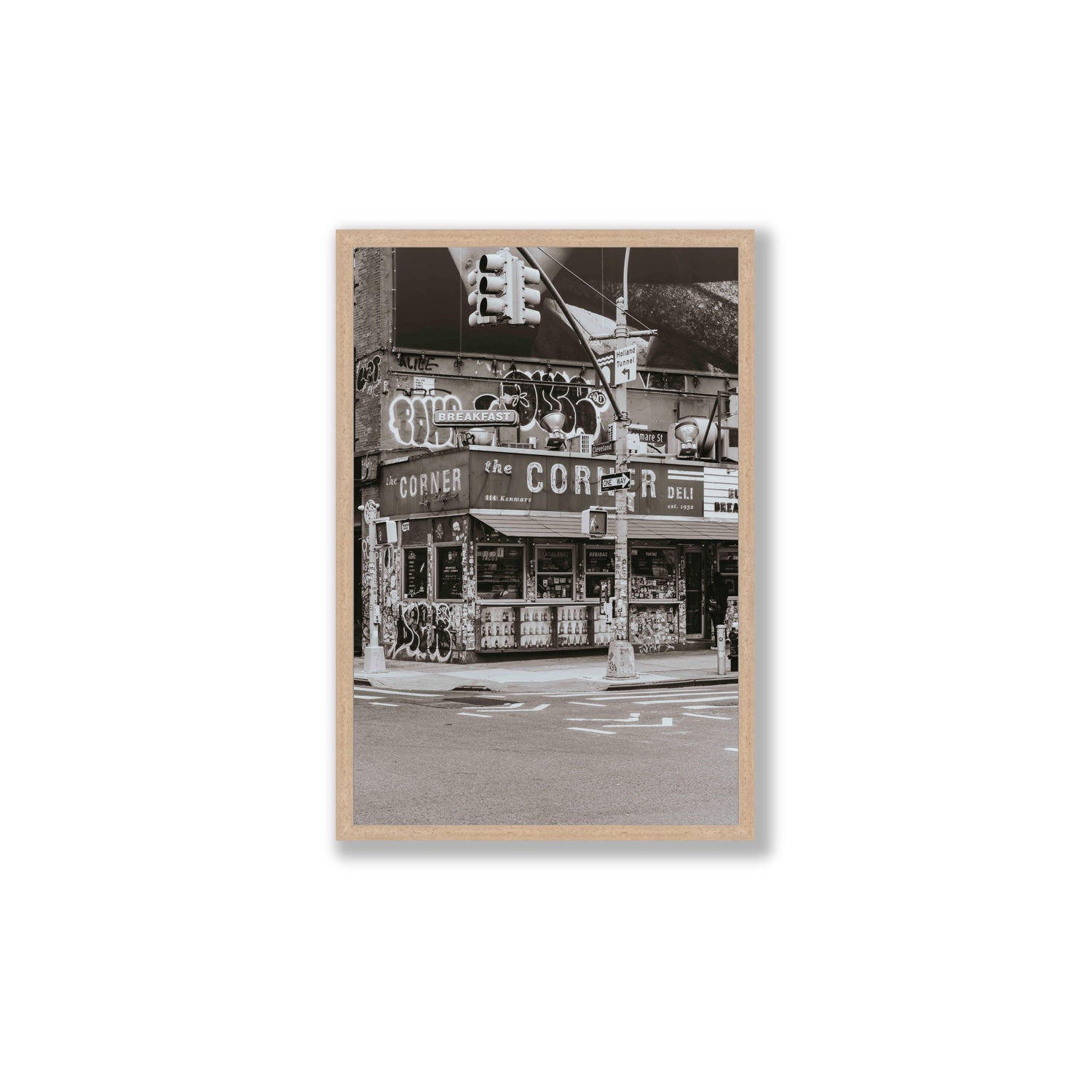 Soho Deli New York NYC Black & White wall art Large full-bleed fine art print in natural oak frame