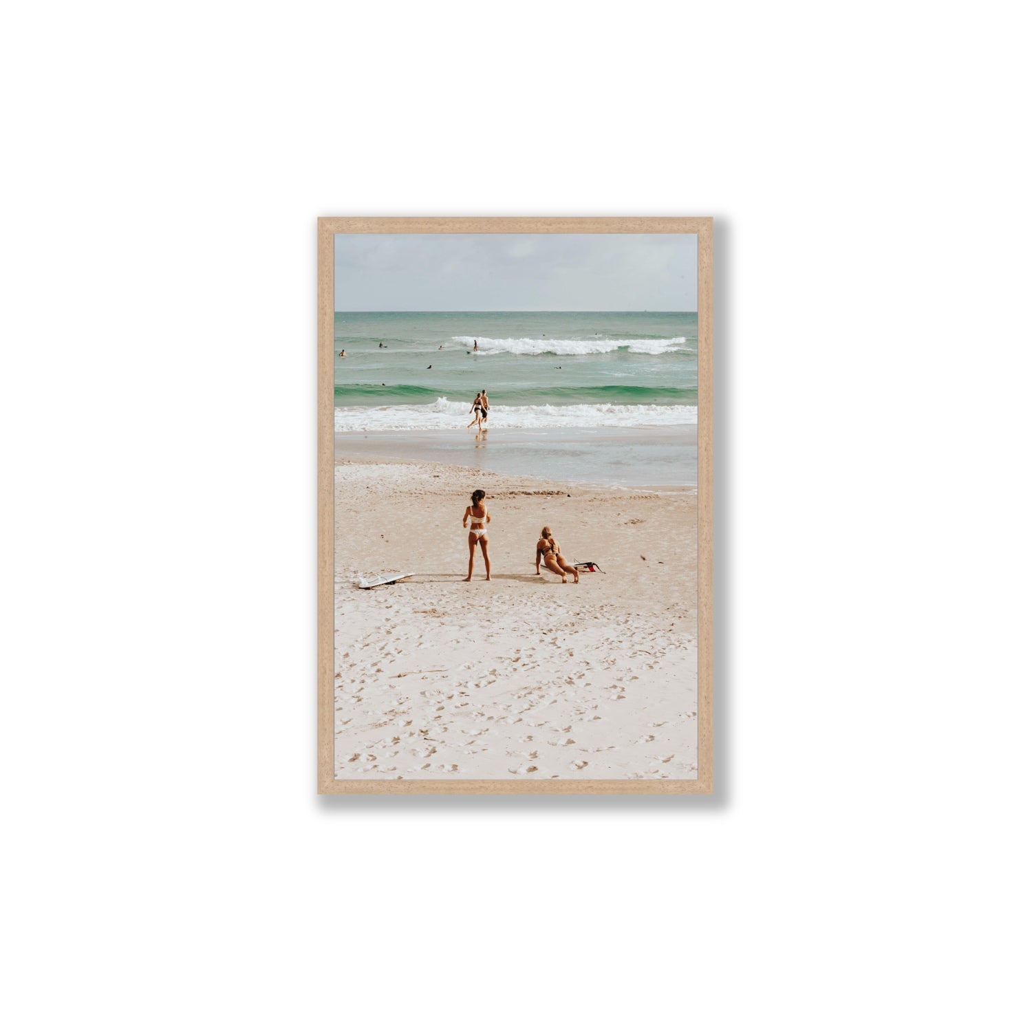Gidget & Betty Byron Bay beach coastal wall art Large full-bleed fine art print in natural oak frame