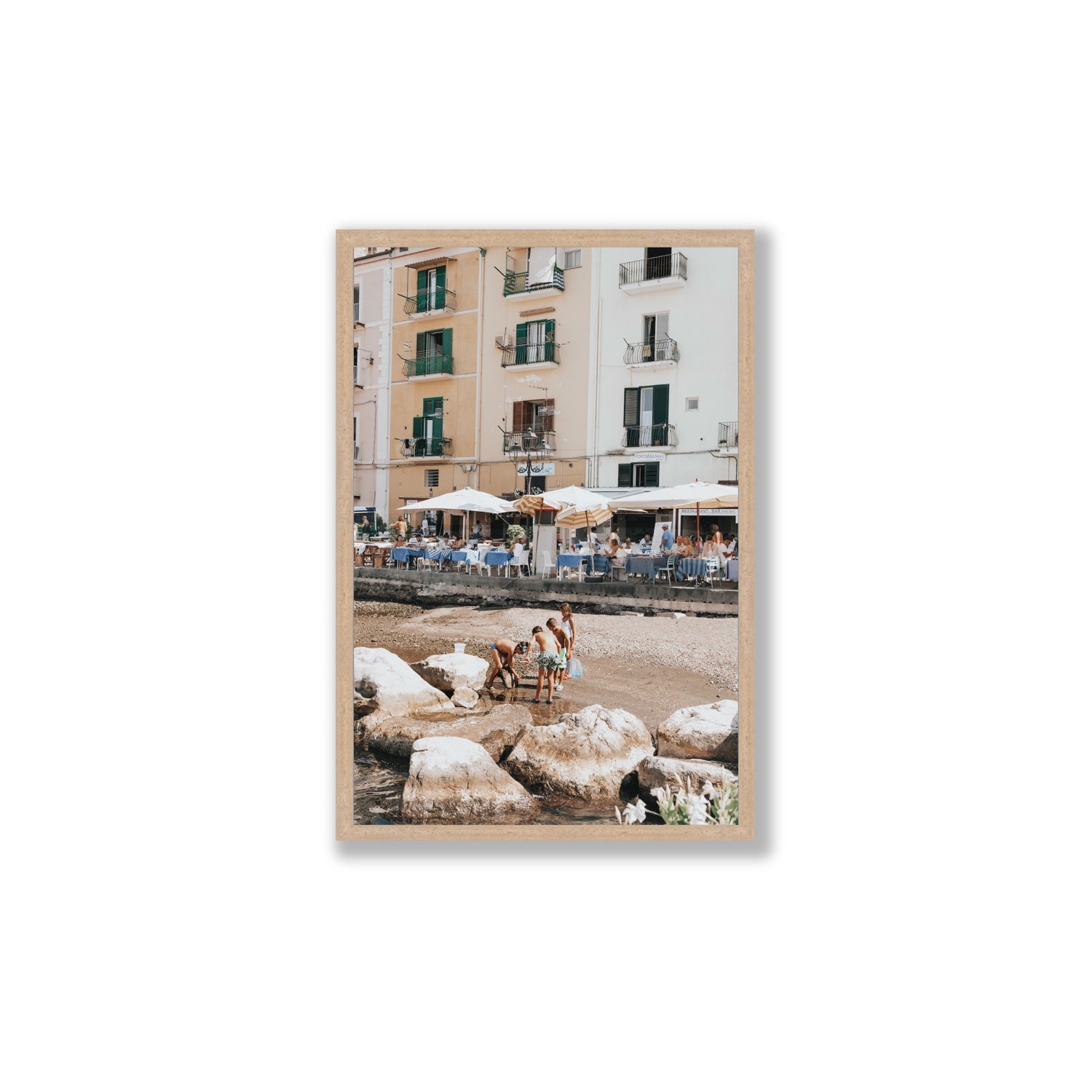 Sunny Playtime Sorrento coastal wall art Large full-bleed fine art print in natural oak frame