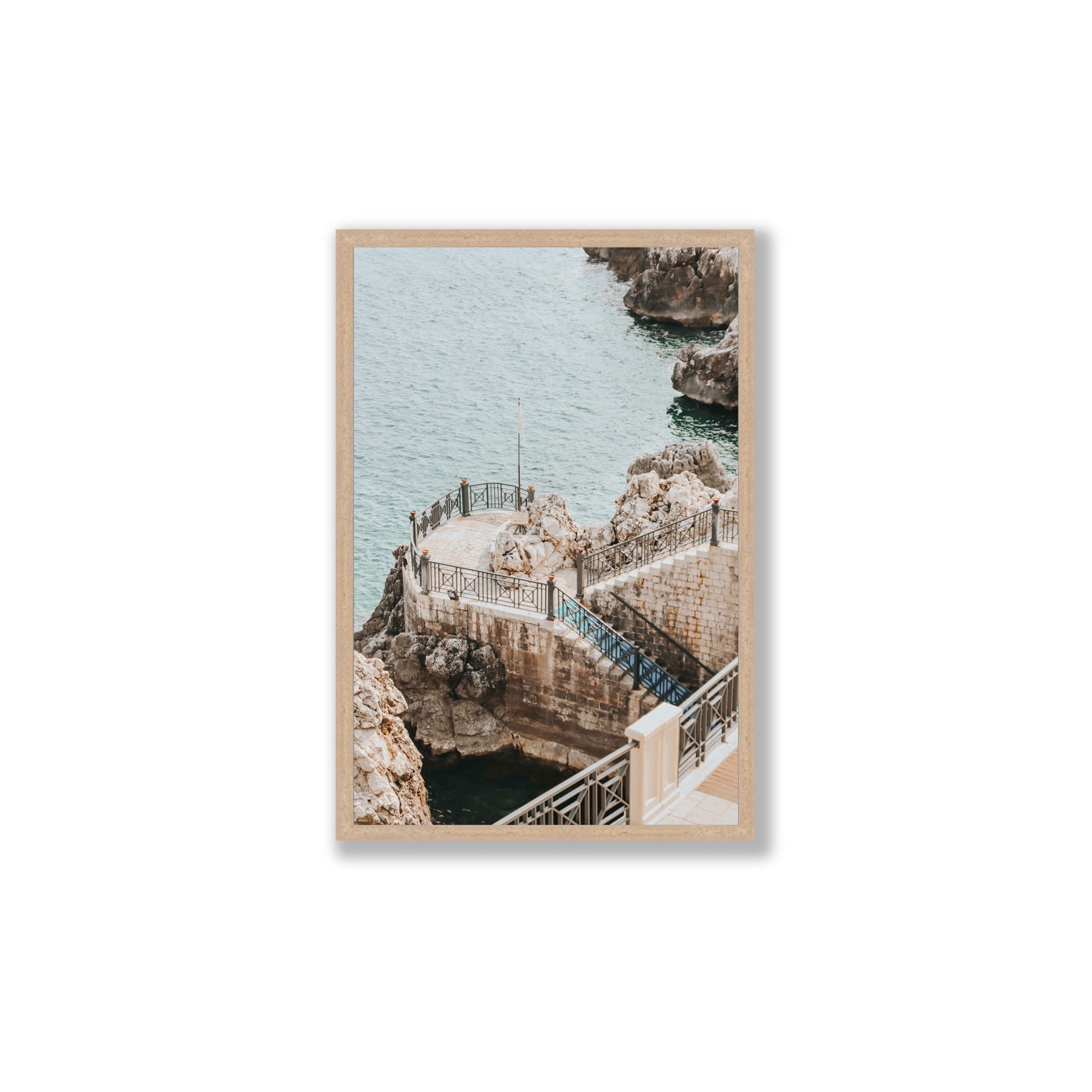 Tidal Staircase Puglia coastal Italian wall art Large full-bleed fine art print in natural oak frame