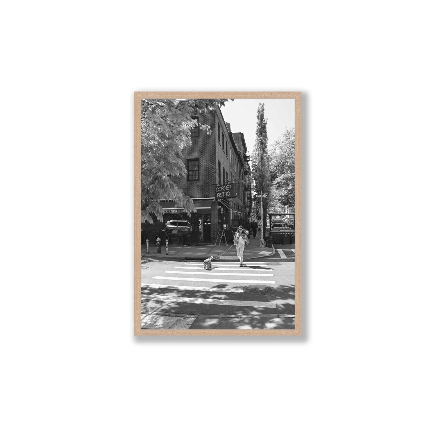 Sunlit Stroll New York NYC Black & White wall art Large full-bleed fine art print in natural oak frame