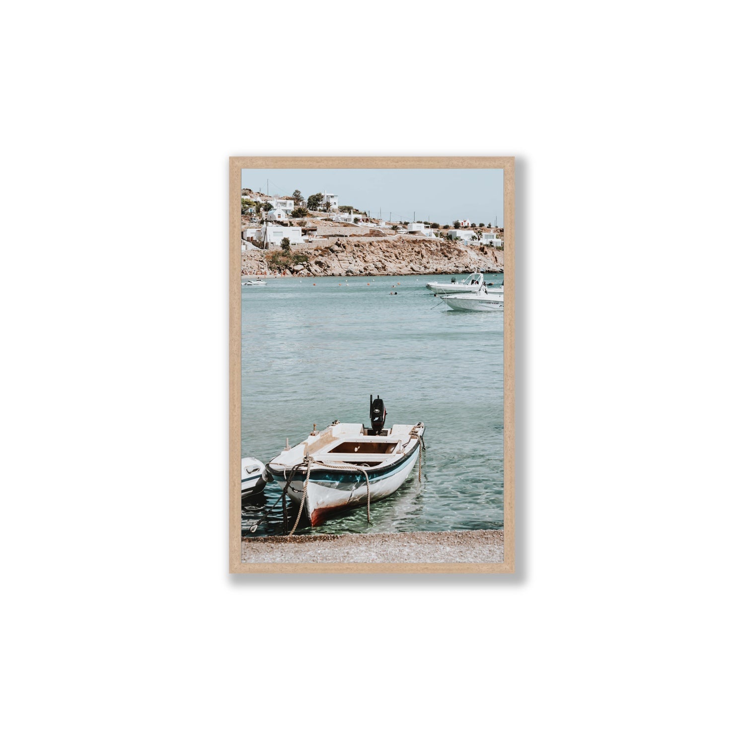 Classic Wheels Mykonos Greek island wall art Large full-bleed fine art print in natural oak frame