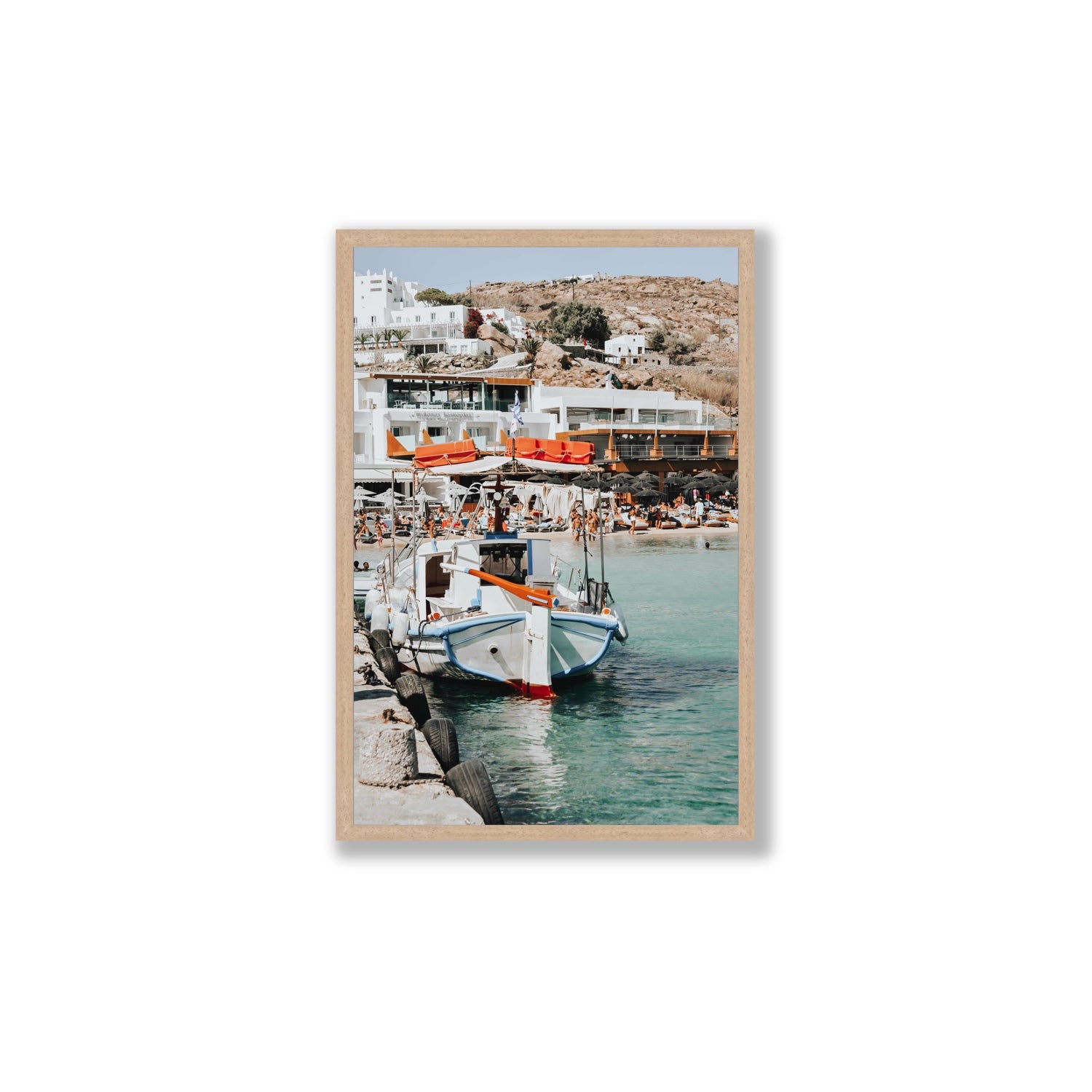 Travel In Style Mykonos Greek island wall art Large full-bleed fine art print in natural oak frame