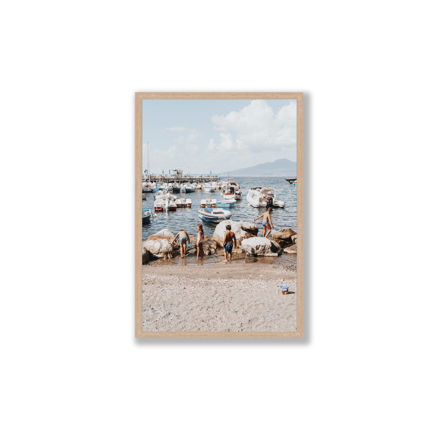 Searching For Treasures Sorrento coastal wall art Large full-bleed fine art print in natural oak frame