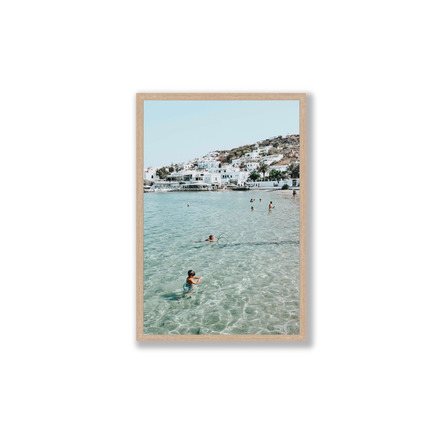 Beside The Seaside Mykonos beach Greek island wall art Large full-bleed fine art print in natural oak frame