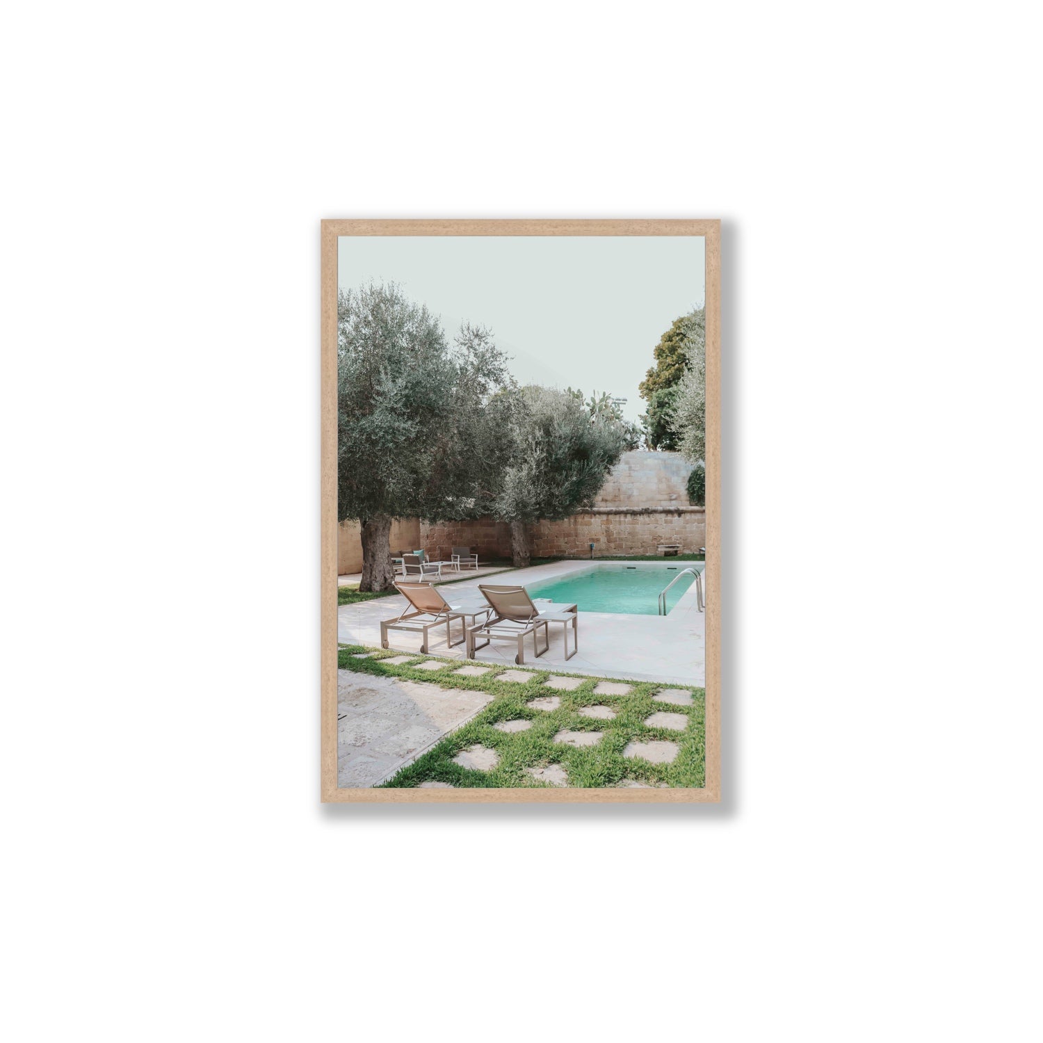 Olive Oasis Puglia Mediterranean wall art Large full-bleed fine art print in natural oak frame