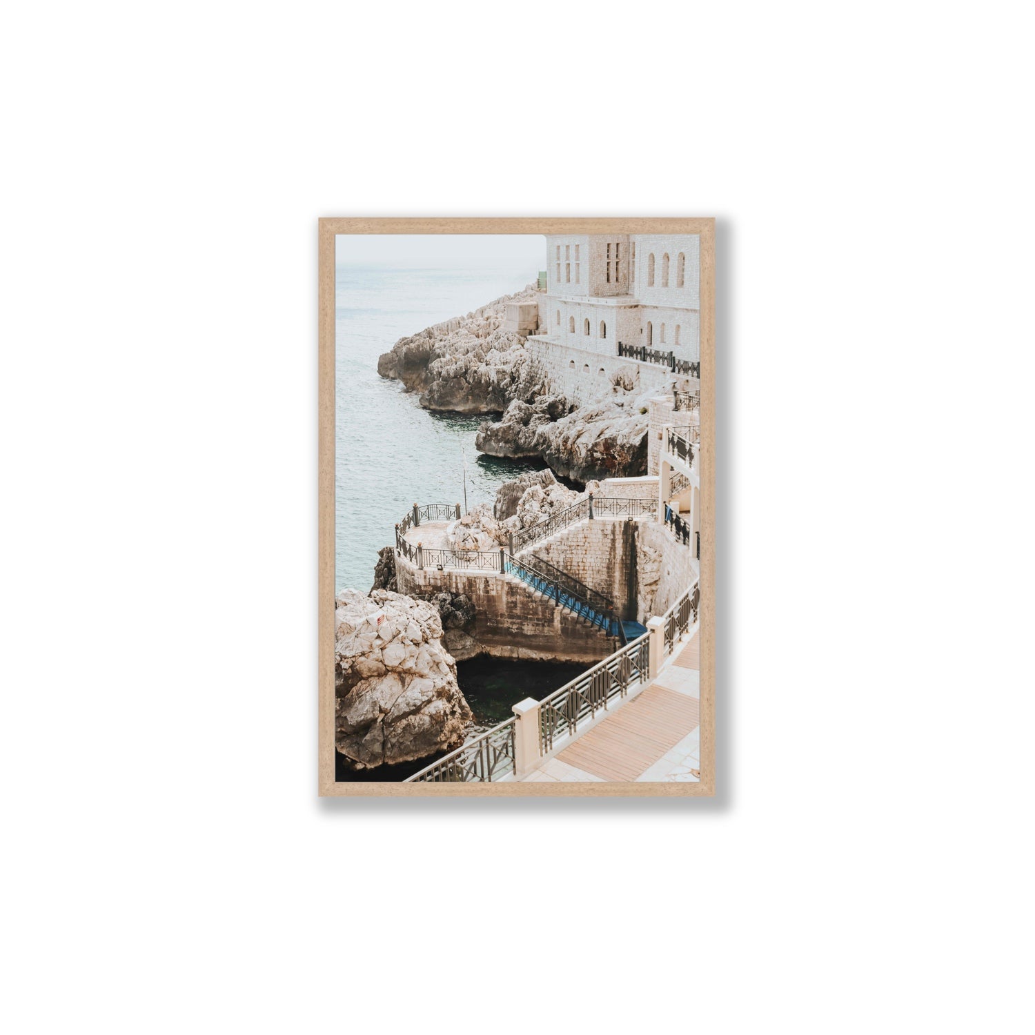 Wellness Centre Puglia coastal wall art Large full-bleed fine art print in natural oak frame