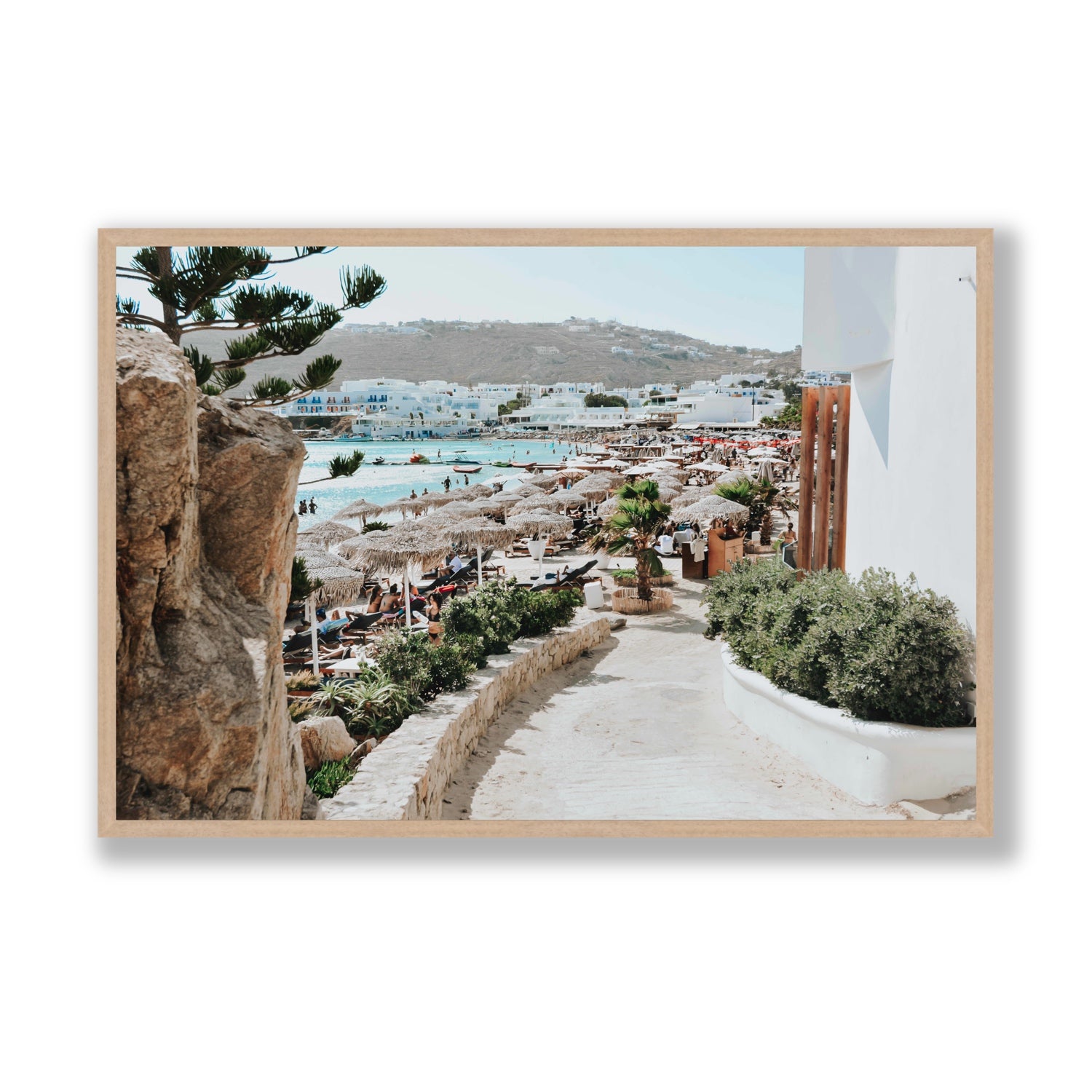 Kalimera Mykonos Greek island wall art Statement full-bleed fine art print in natural oak frame