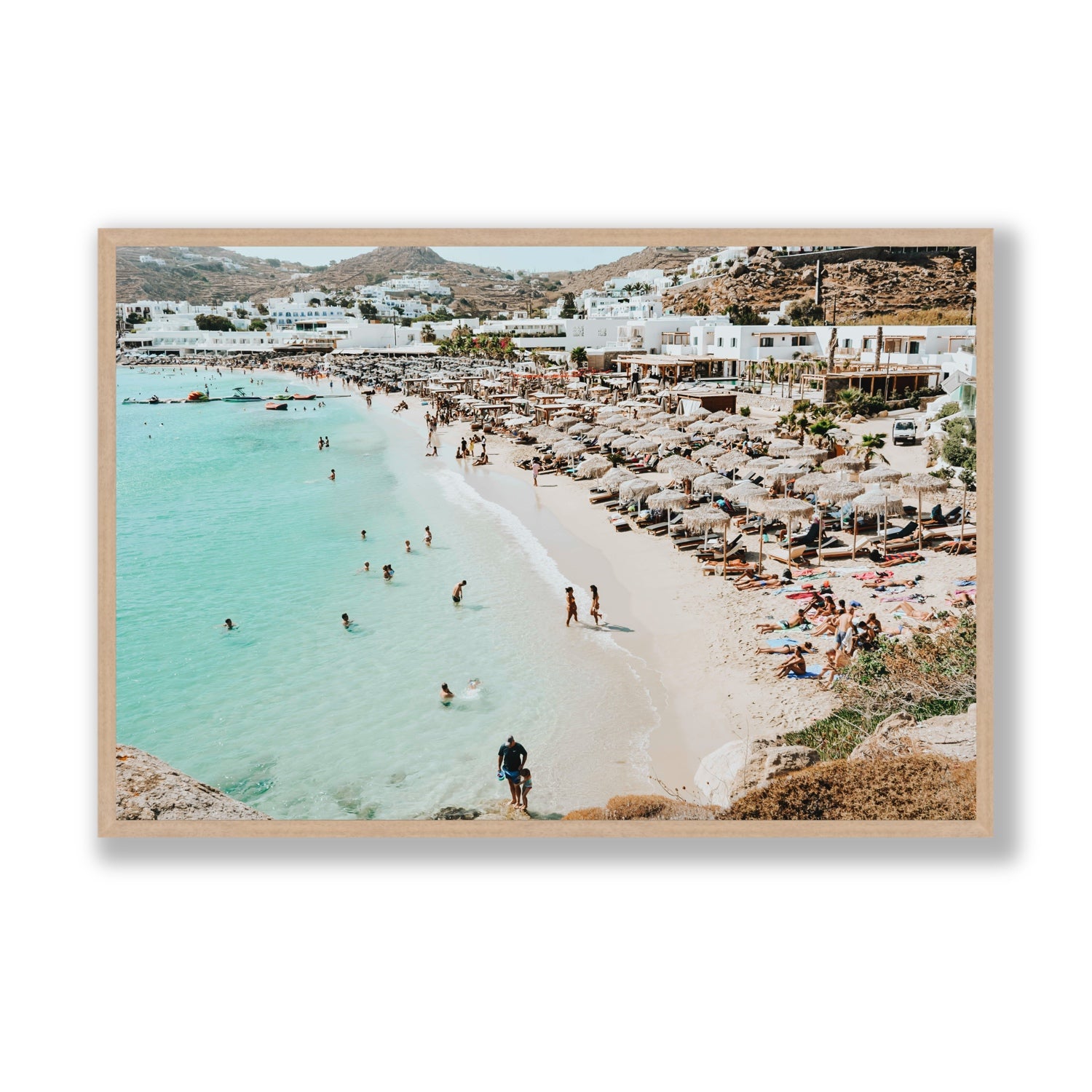 Aquaholic Mykonos Greek island wall art Statement full-bleed fine art print in natural oak frame