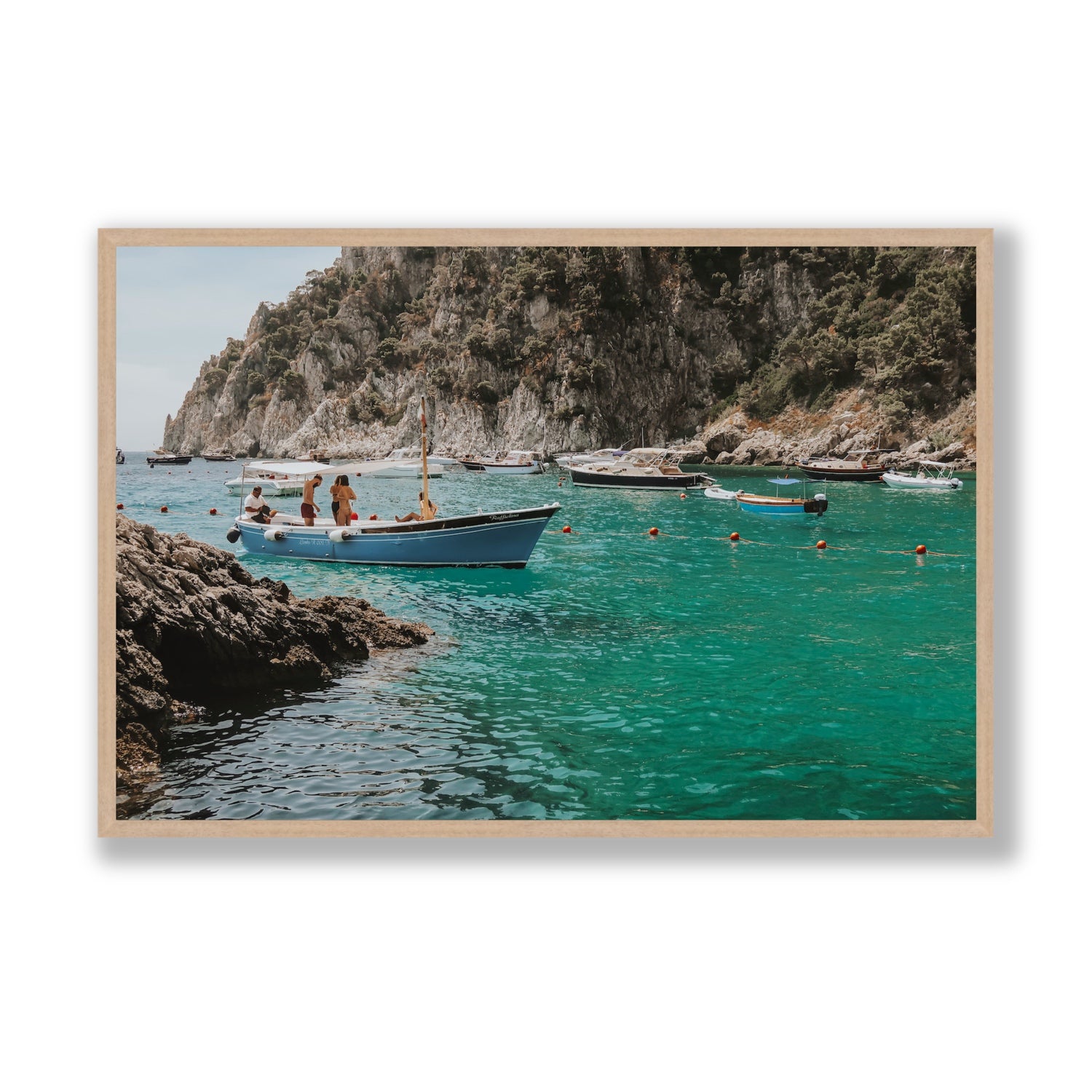 Cozy Cove Capri coastal Mediterranean wall art Statement full-bleed fine art print in natural oak frame