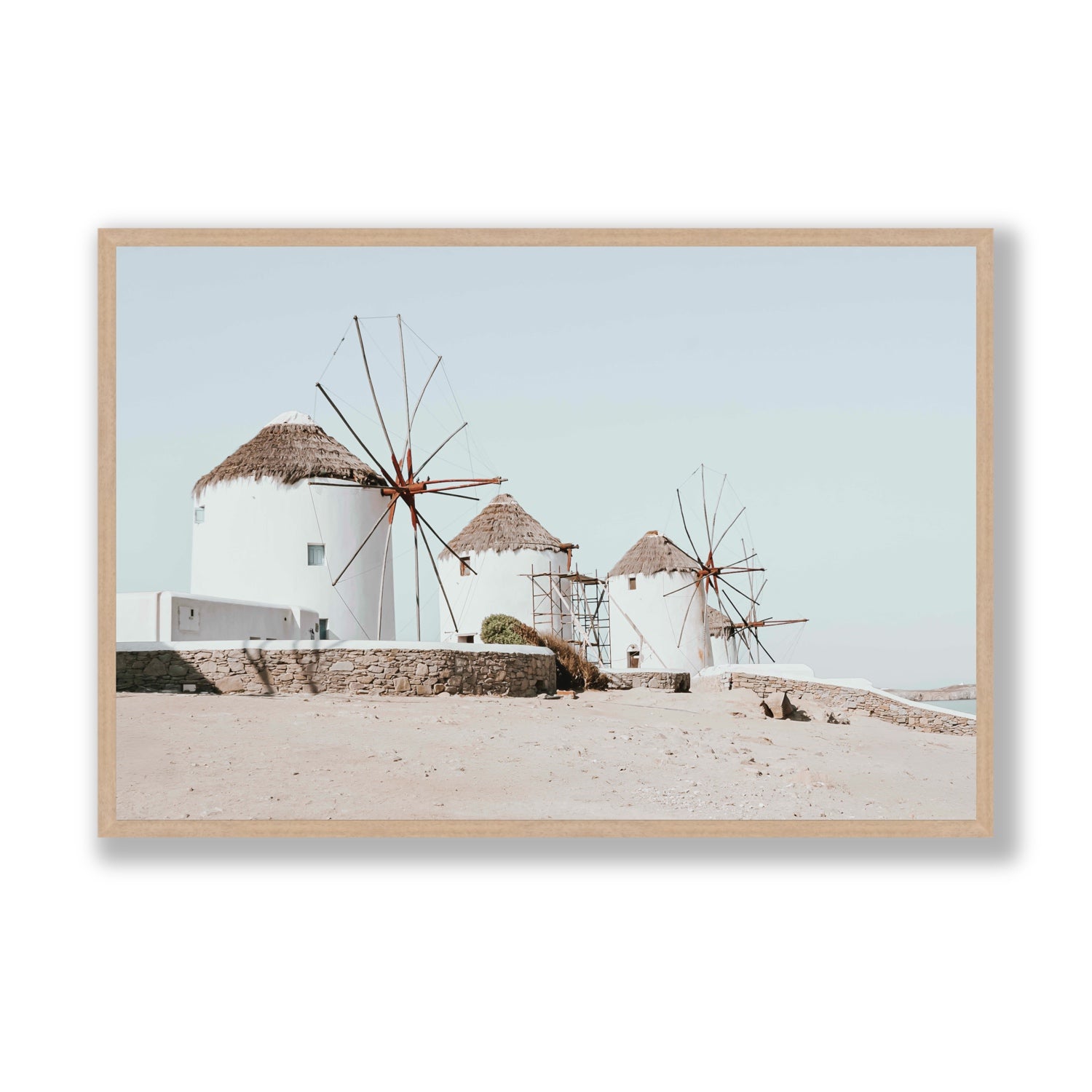 Rustic Icons Mykonos Greek island wall art Statement full-bleed fine art print in natural oak frame