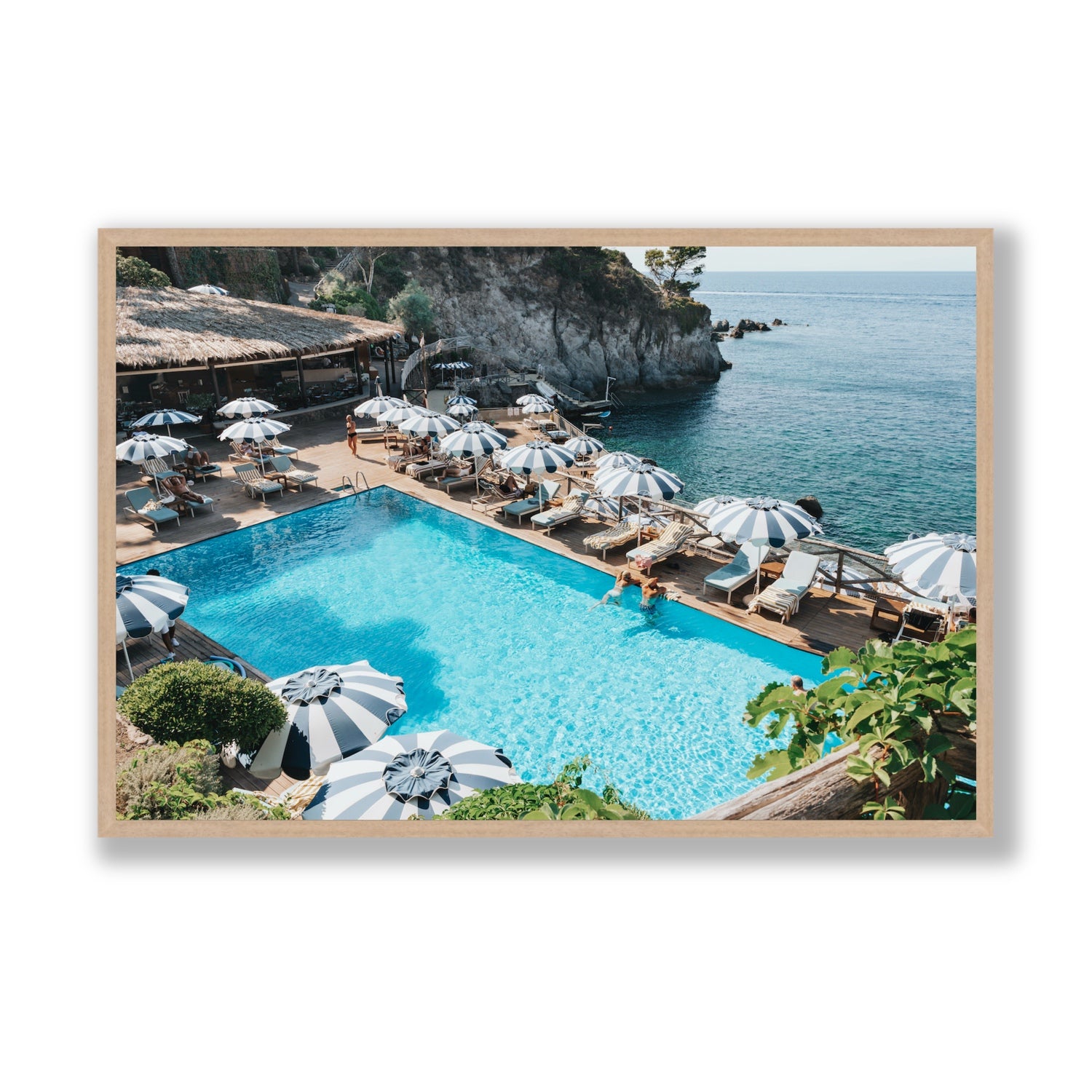 Oceanview Ischia Italian coastal wall art Statement full-bleed fine art print in natural oak frame