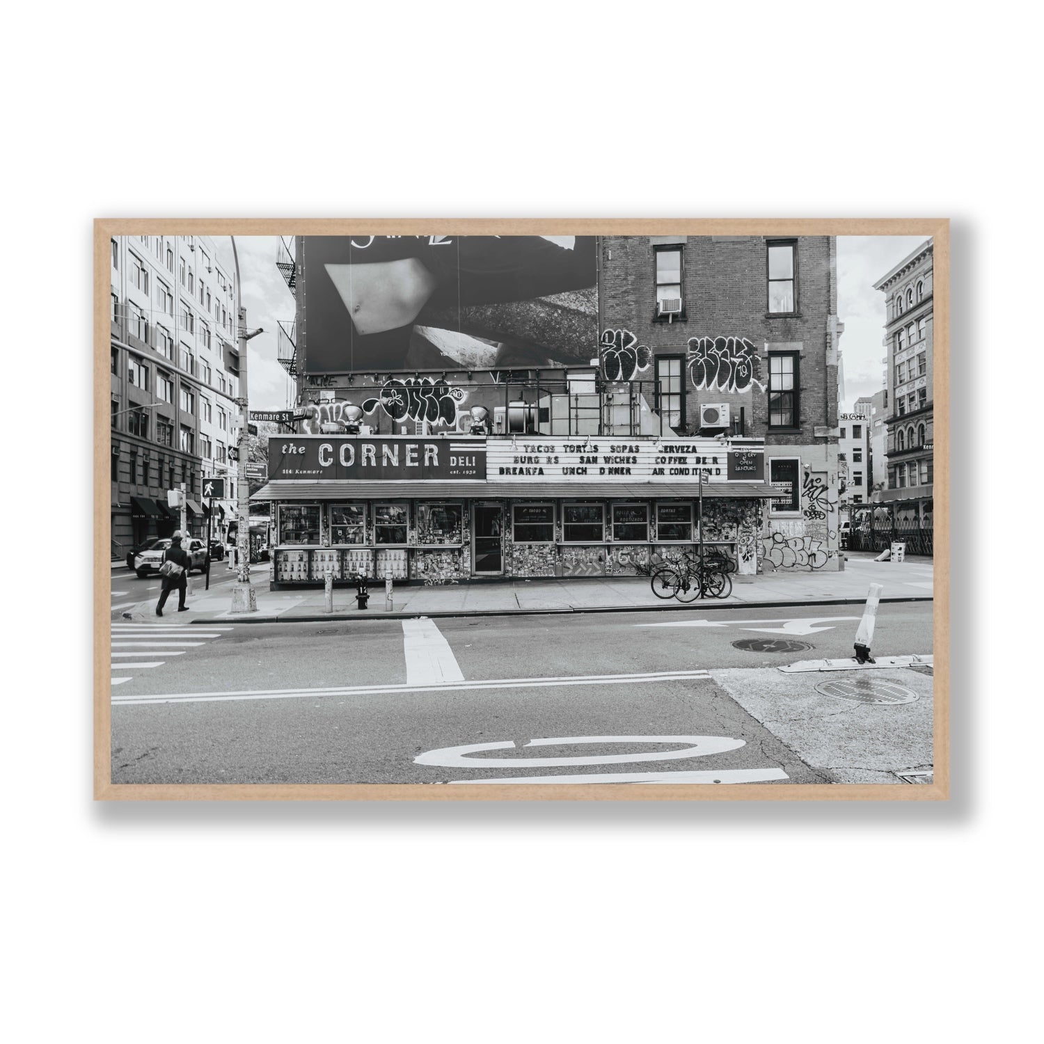 Kenmare Street New York NYC Black & White wall art Statement full-bleed fine art print in natural oak frame