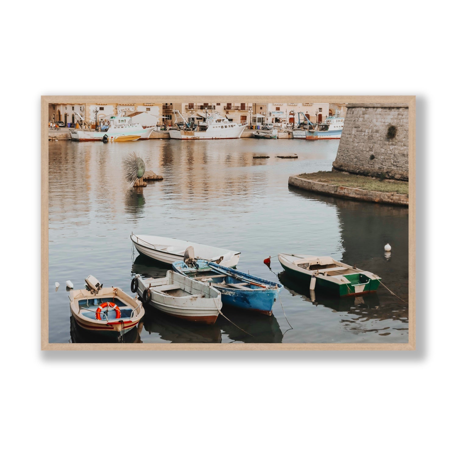 Cinque Barche Puglia Gallipoli Italian art print Statement full-bleed fine art print in natural oak frame