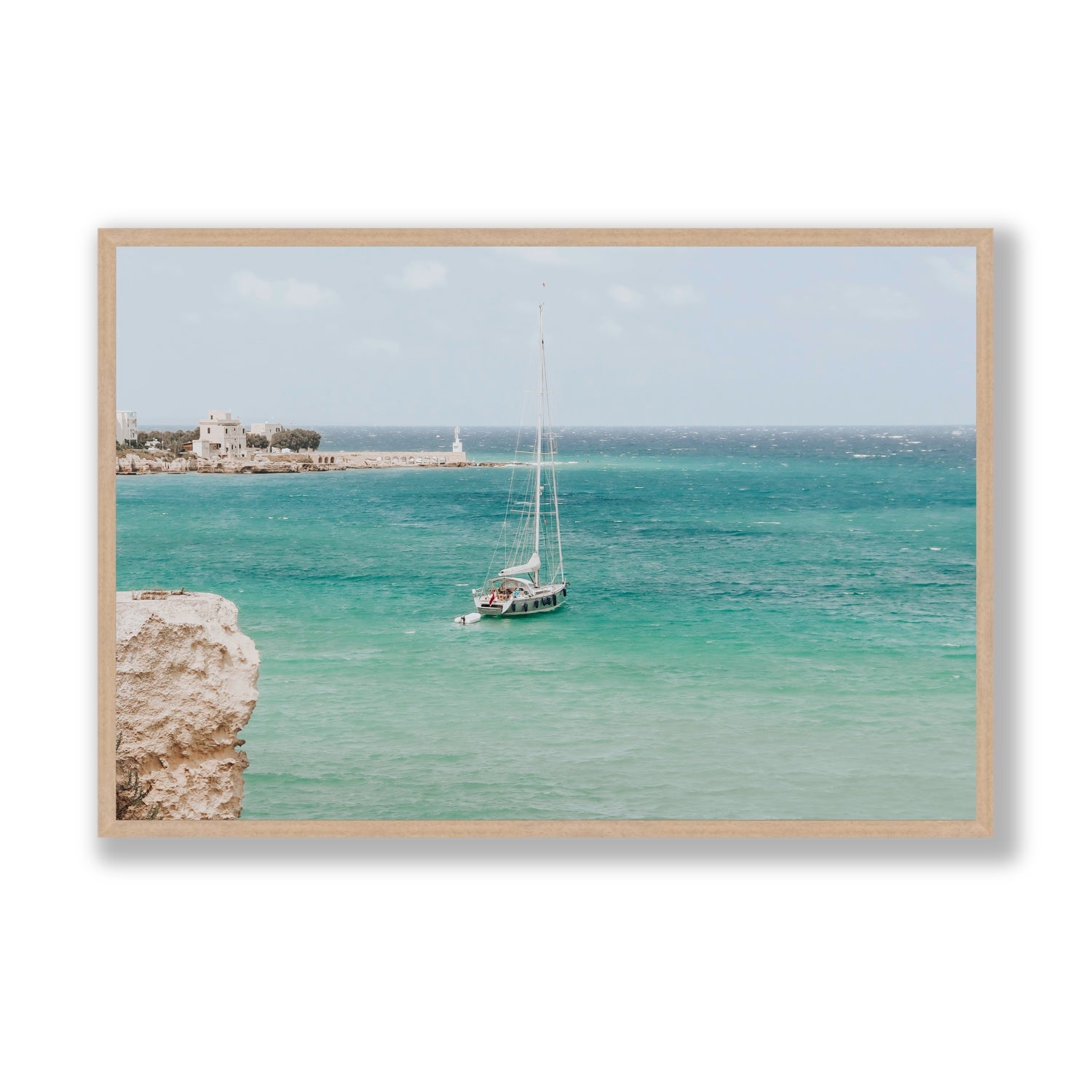Adriatic Escape Puglia Italian coastal decor wall art Statement full-bleed fine art print in natural oak frame